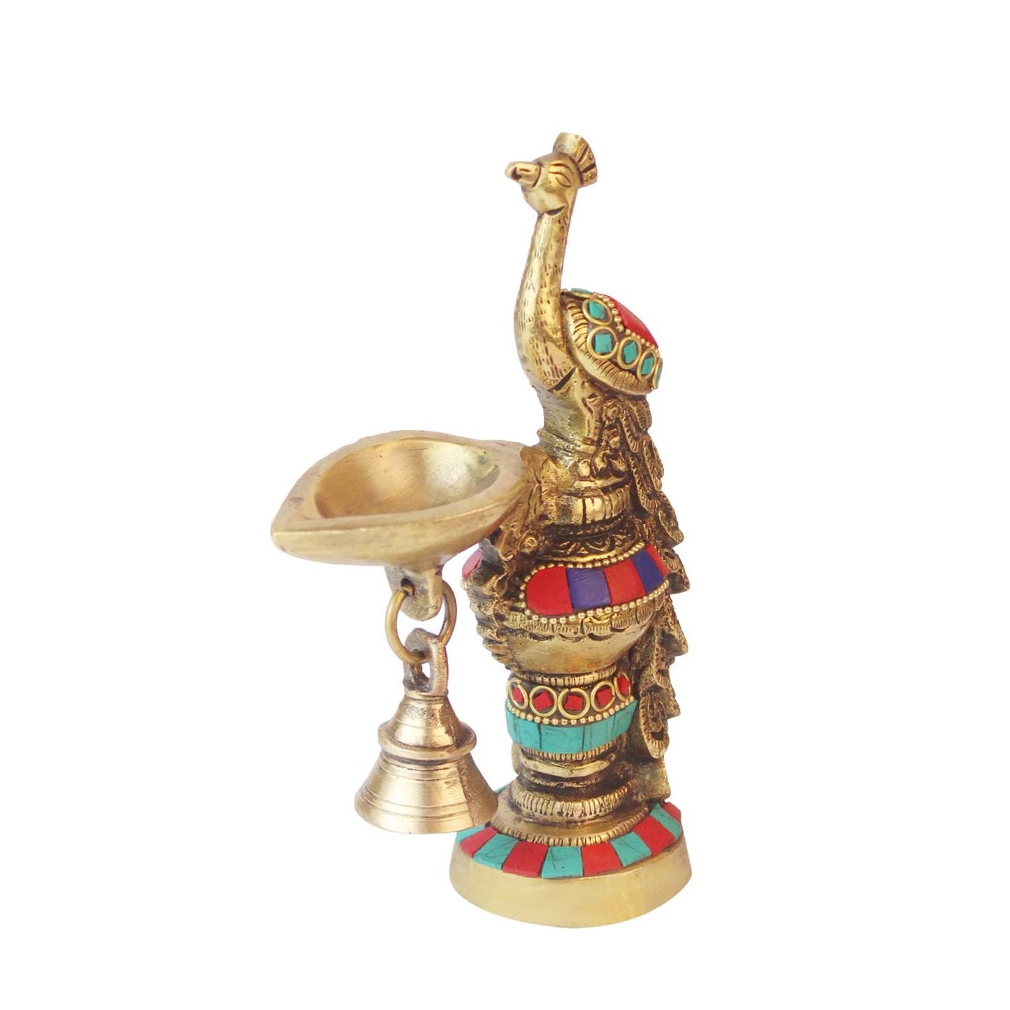 Brass Ethnic Carved Peacock Design Brass Diya with Bell, Brass Antique Oil Lamp, Brass Diyas for Home. - SvarupArt