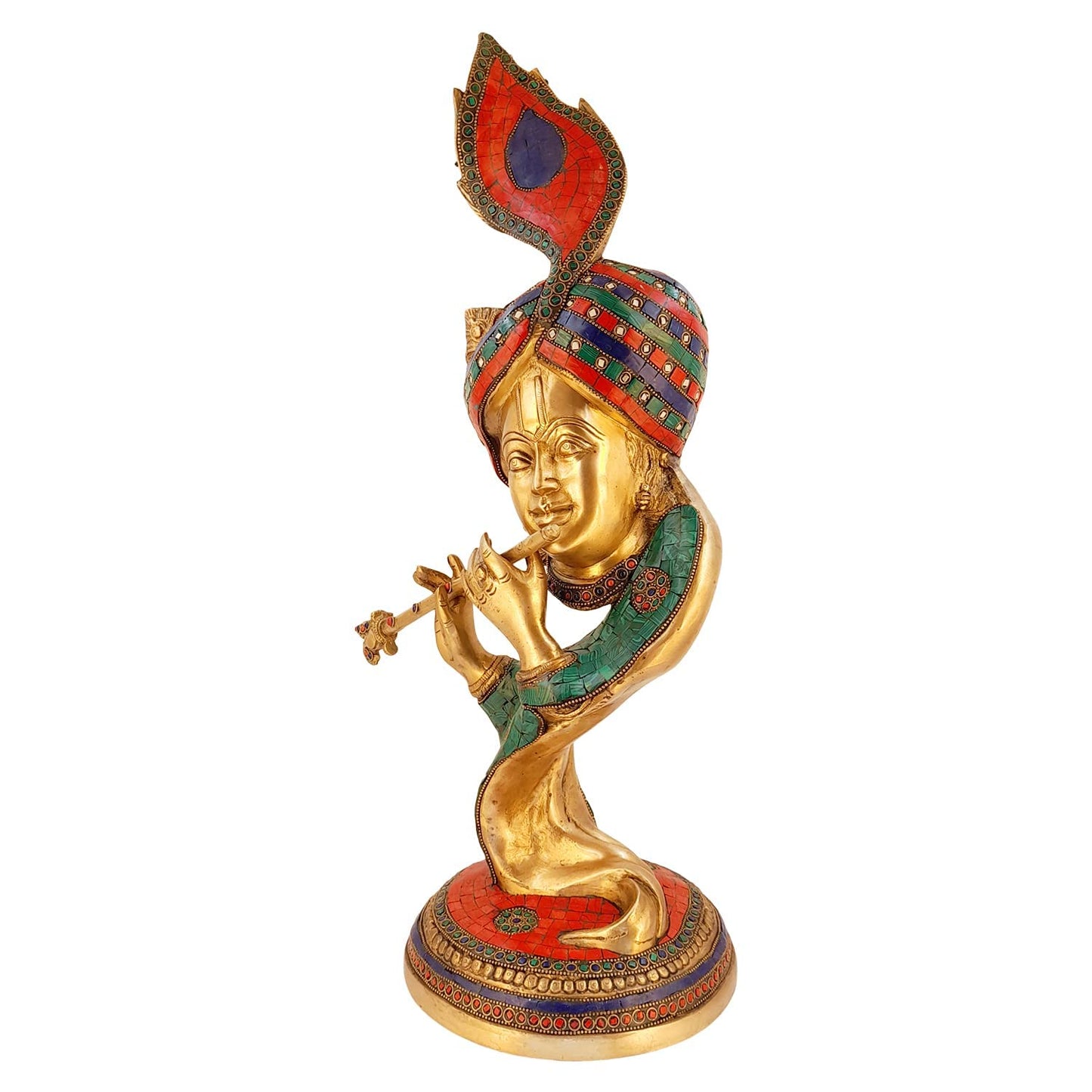 Brass Krishna Bhagwan Idol Murli Kishan Murti Playing Bansuri with Morpankh Gift for Home Mandir Decor Marriage - SvarupArt