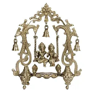 Brass Radha Krishna Jhula in Gold Color Height 13.5 Inch - SvarupArt