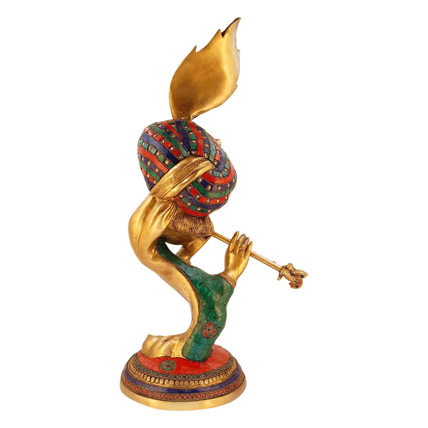 Brass Krishna Bhagwan Idol Murli Kishan Murti Playing Bansuri with Morpankh Gift for Home Mandir Decor Marriage - SvarupArt