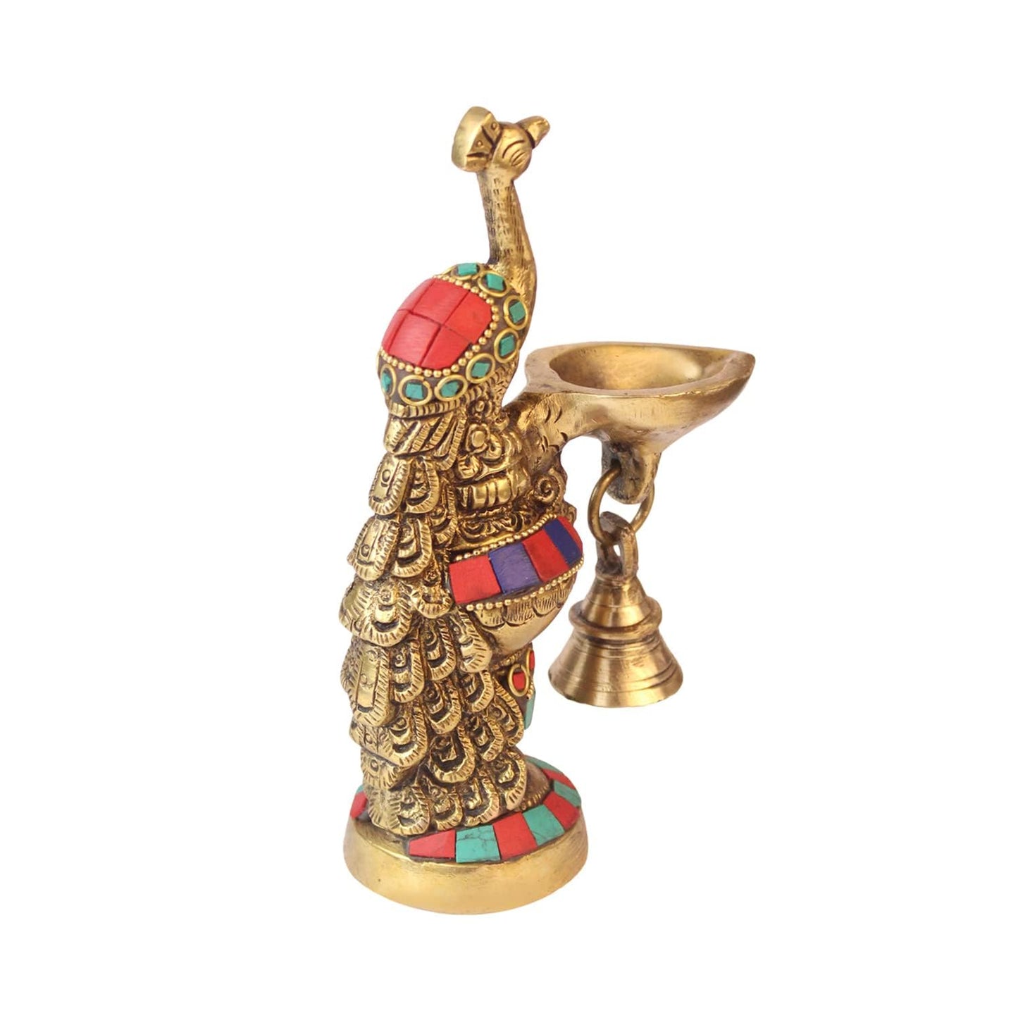 Brass Ethnic Carved Peacock Design Brass Diya with Bell, Brass Antique Oil Lamp, Brass Diyas for Home. - SvarupArt