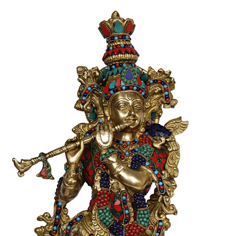 Brass Krishna Murti in Multicolor Height 29 Inch - SvarupArt
