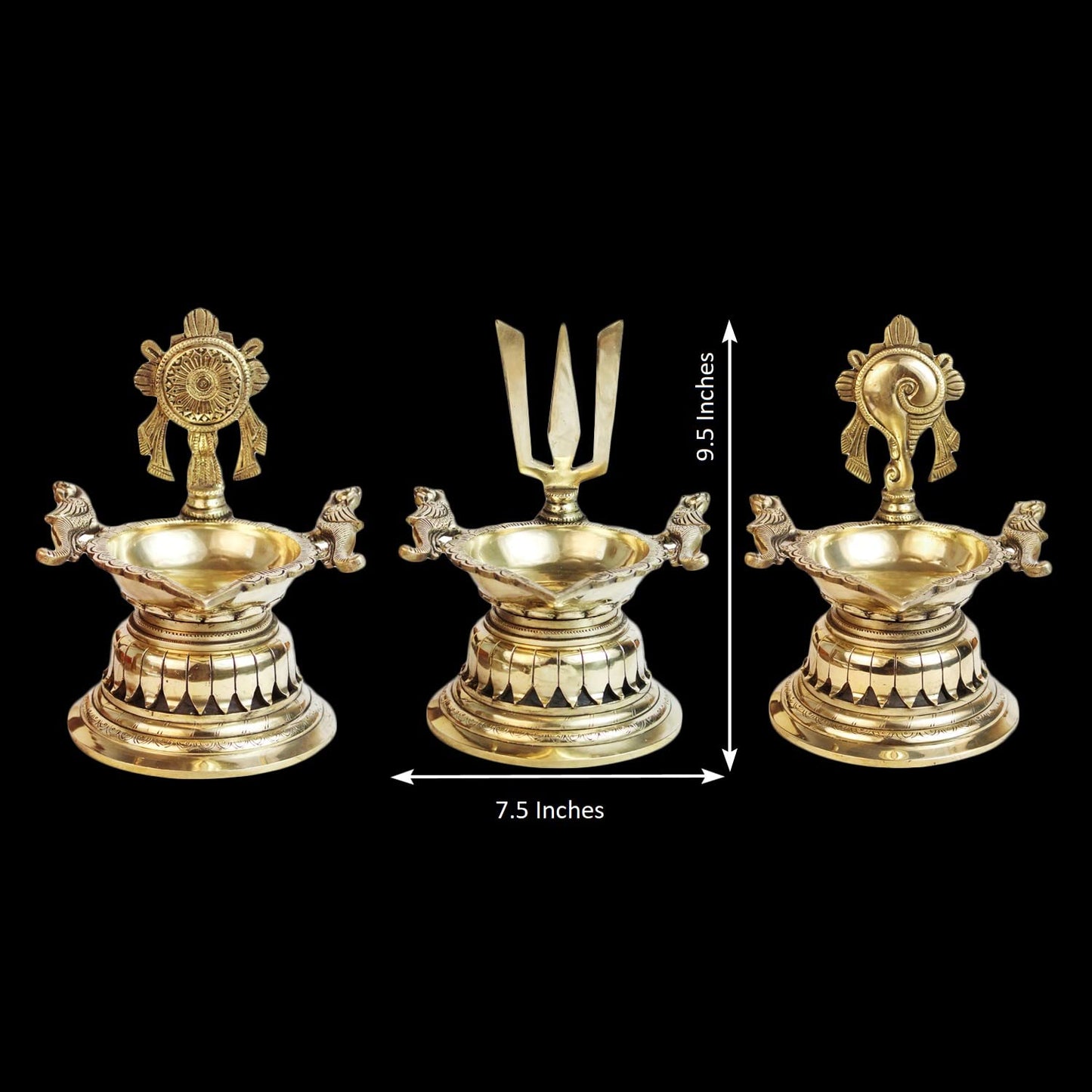 8 Inch Large Gold Color Brass Diya with Shankha, Chakra, and Vishnu Symbol: A stunning showpiece for home decor - SvarupArt