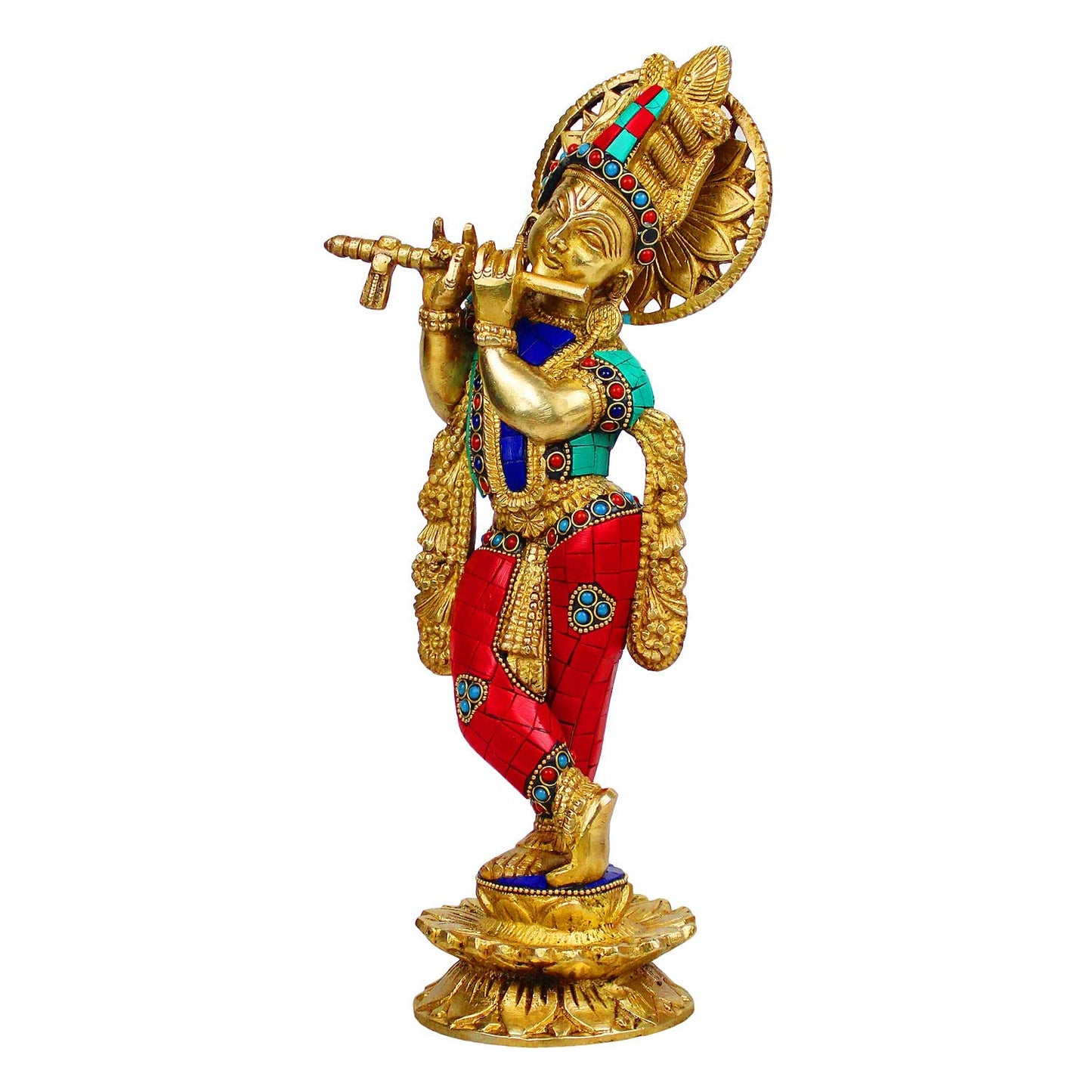 Brass Krishna Statue for Living Room Showpiece in Multi Color Height 12 Inch - SvarupArt