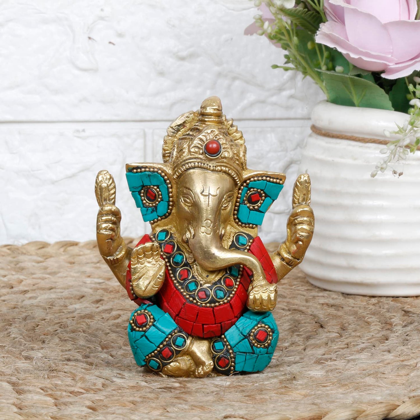 Brass Ganesh Bhagwan Idol Taj Ganesha Statue Ganpati Murti for Home Entrance Decor Diwali Gift 4.5 Inch - SvarupArt