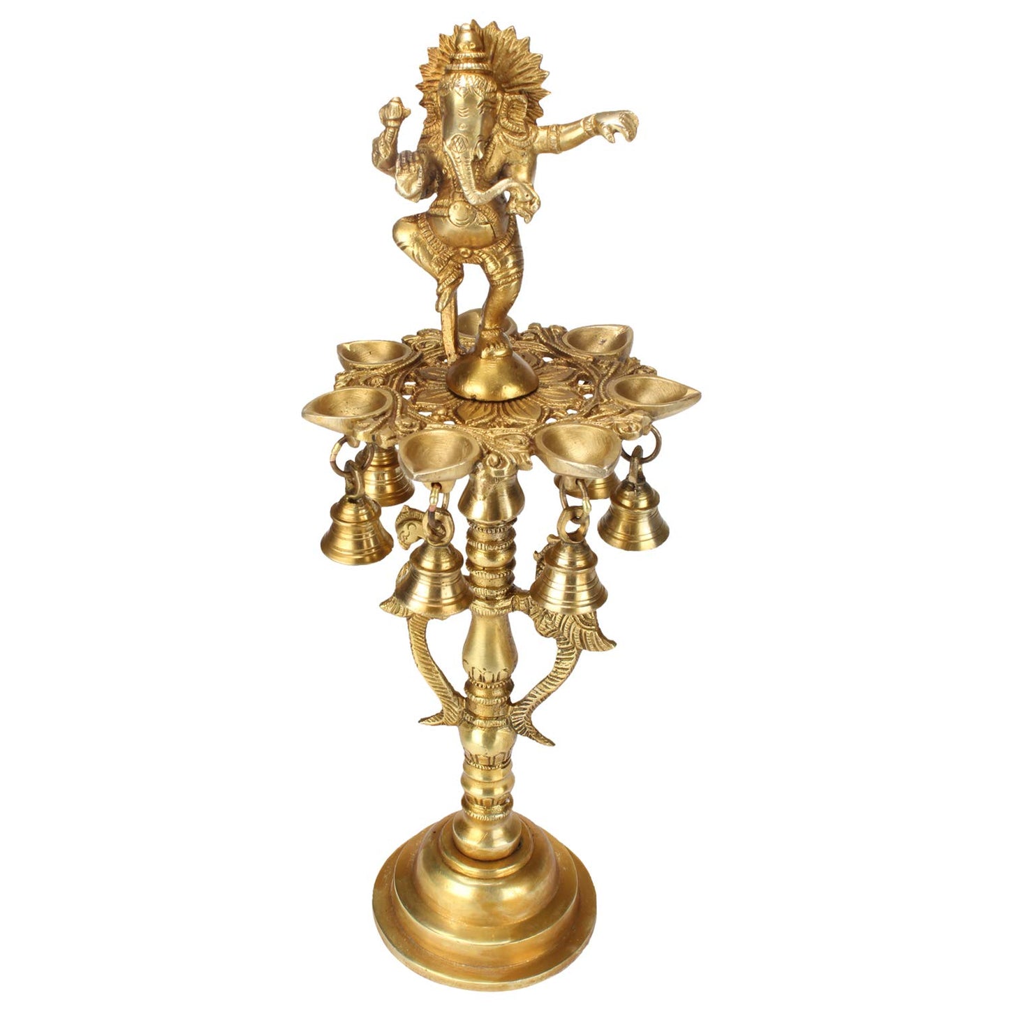 Brass Ganesha Diya Ganesh with Bells For Puja Room, Dancing Oil Lamp & Home Decor 16 Inch Height - SvarupArt