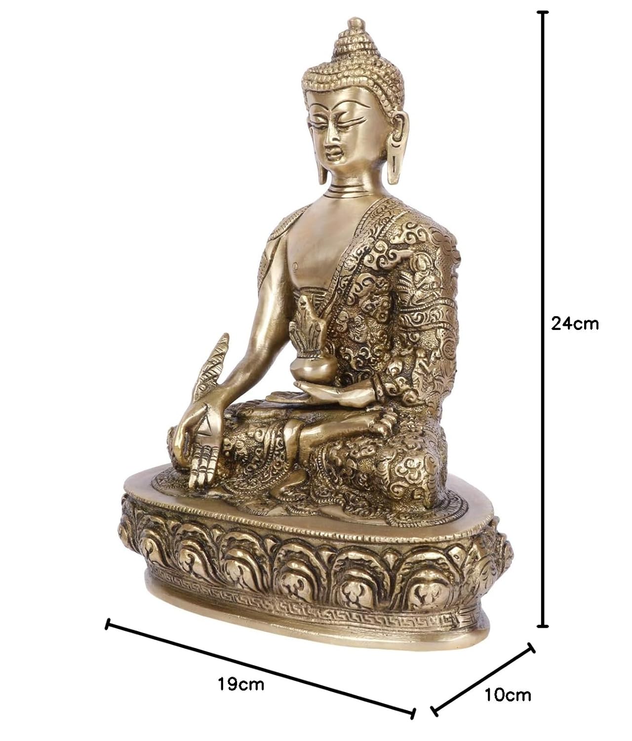 Brass Buddha Idol in Bhumisparsha Mudra Statue Tibetan Buddhist Décor Height 9.5 Inch Weight 2.7 Kg Color Antique Gold - SvarupArt
