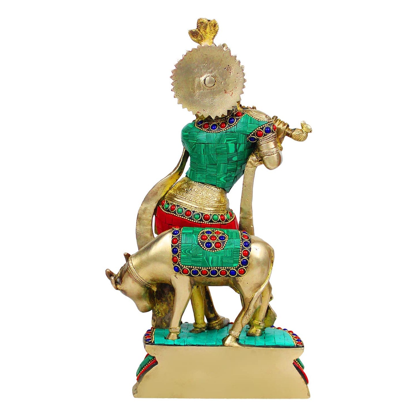 Brass Shri Krishna Idol with Cow Kishan Bhagwan Murti Lord Krishna Cow Statue with Flute Big Size Height 14 Inch - SvarupArt