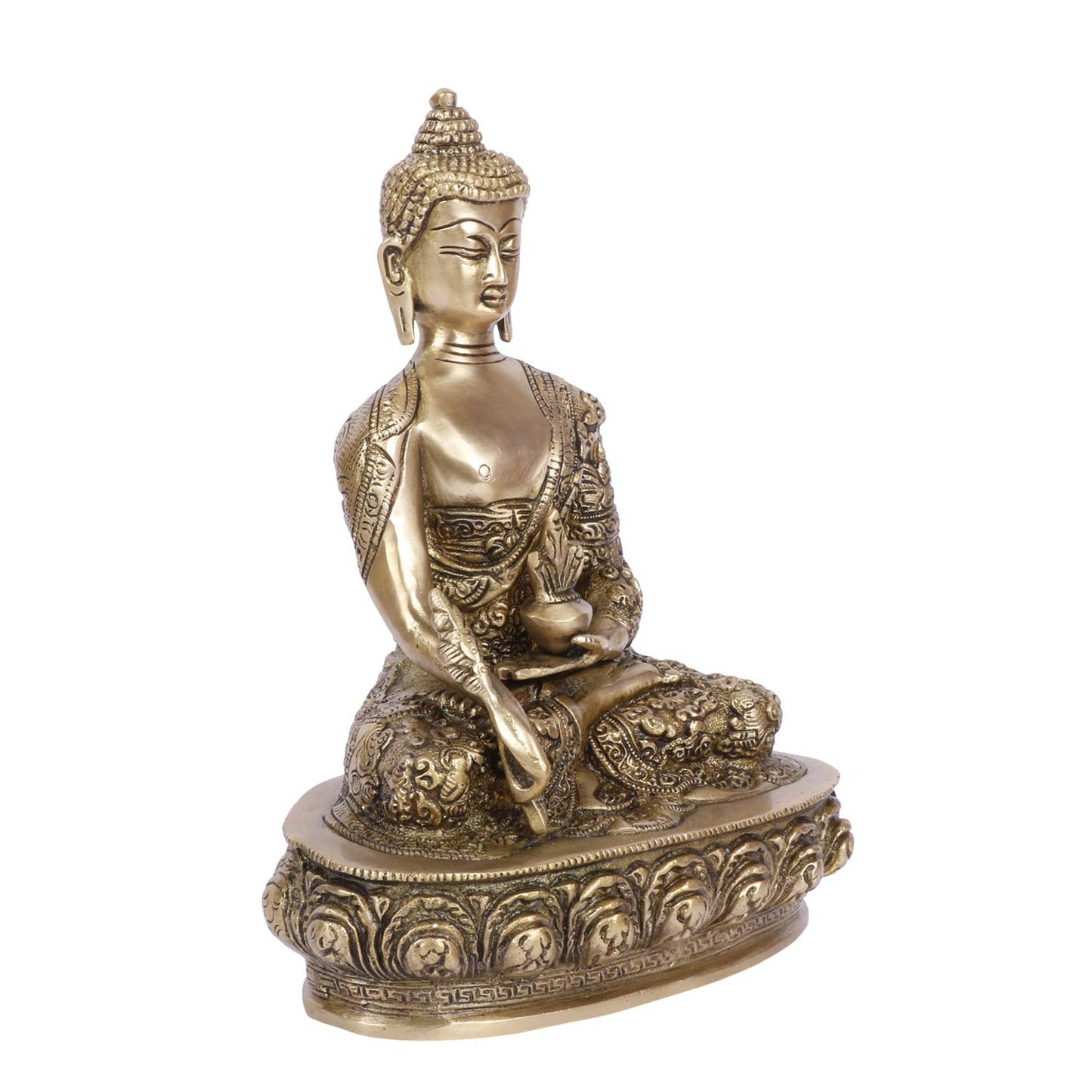 Brass Buddha Idol in Bhumisparsha Mudra Statue Tibetan Buddhist Décor Height 9.5 Inch Weight 2.7 Kg Color Antique Gold - SvarupArt