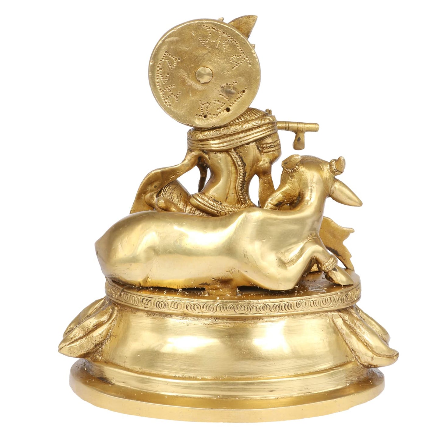 Brass Shri Krishna Idol with Cow Kishan Bhagwan Murti Lord Krishna Cow Statue with Flute Big Size Height 8.5 Inch - SvarupArt