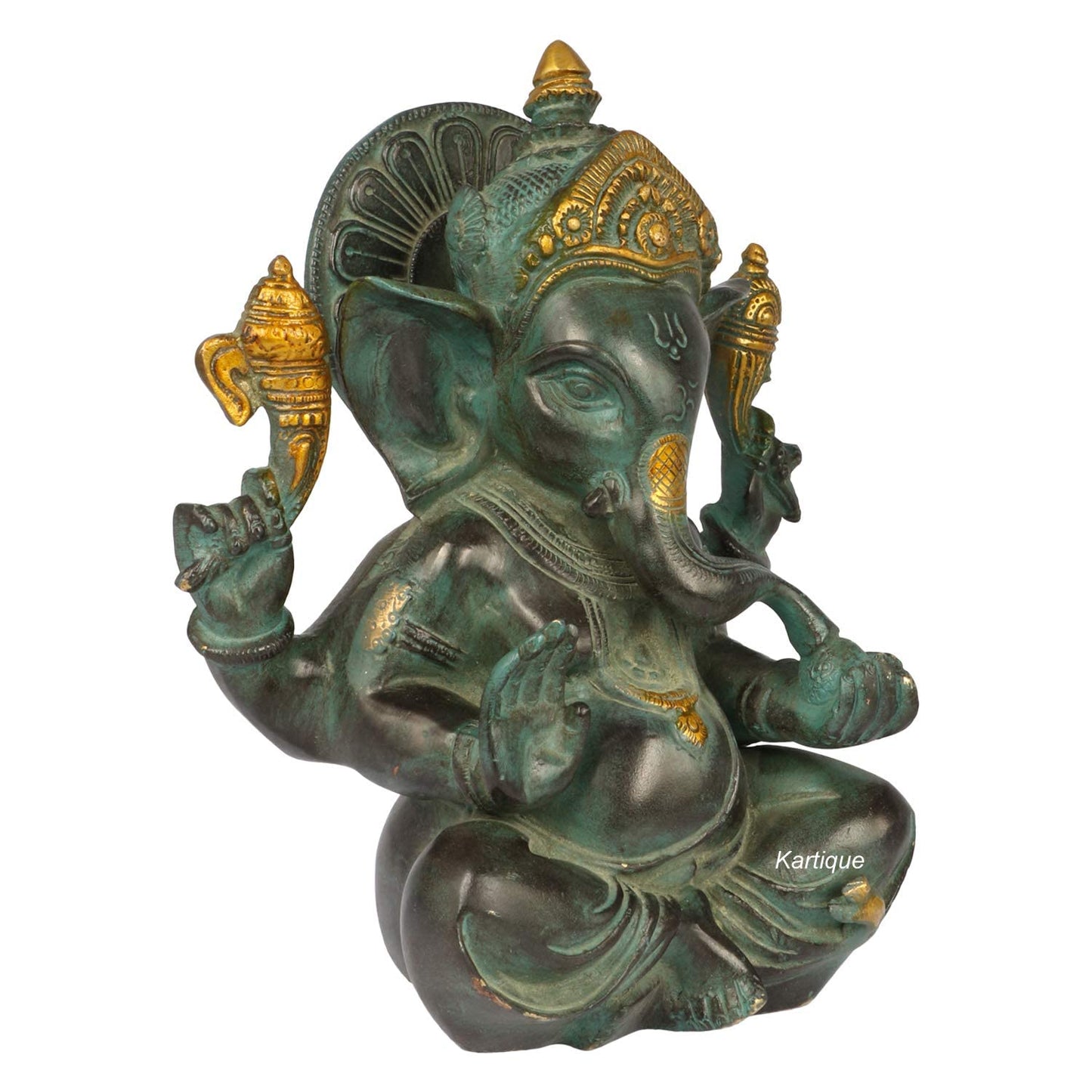 Brass Ganesha Idol for Home Decoration Ganpati Statue Murti for Gift Height 8 Inch Weight 3 Kg Color Green - SvarupArt