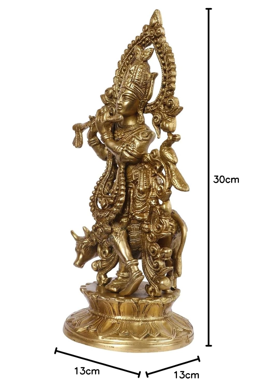 Brass Shri Krishna Idol with Cow Kishan Bhagwan Murti Lord Krishna Cow Statue with Flute Big Size Height 12 Inch - SvarupArt