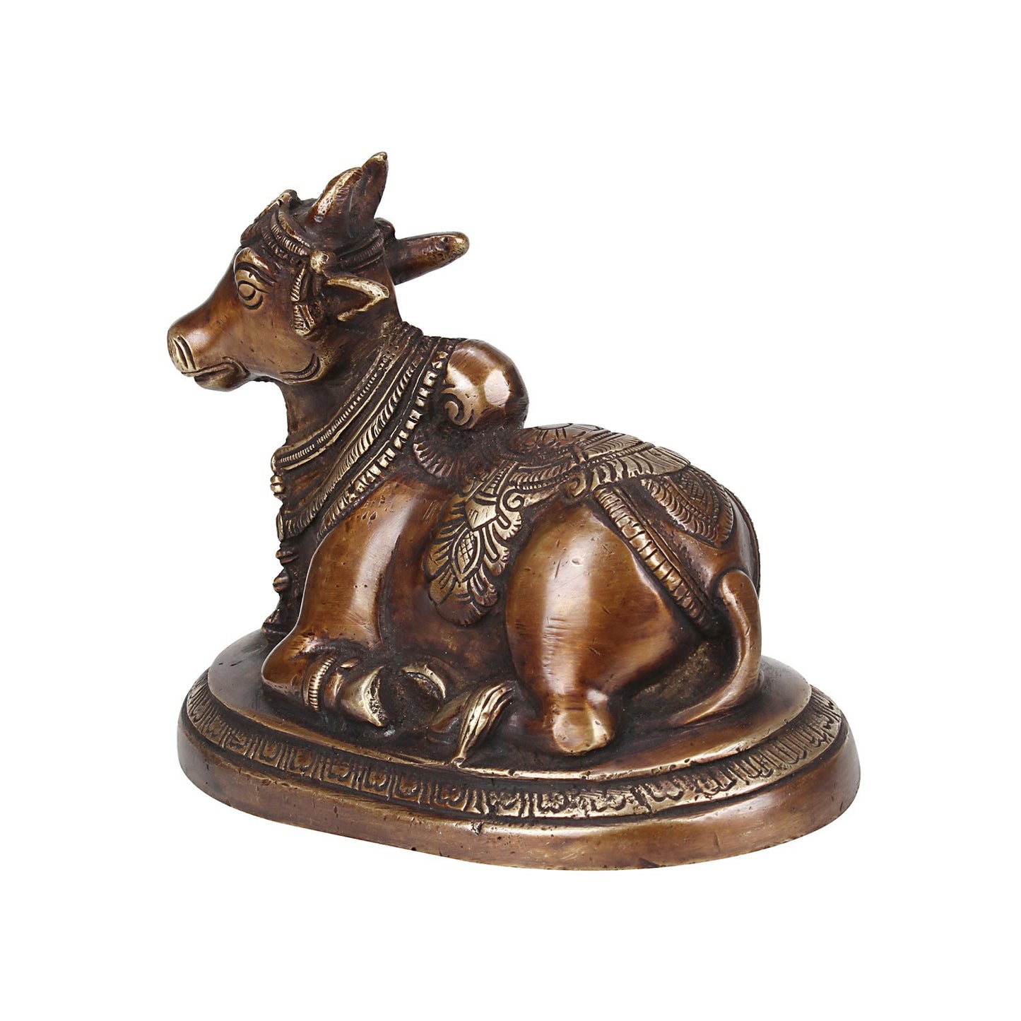 Brass Nandi Shiv Ji Parvati Vehicle Bull Statue Idol Shiva Devotee Puja and Decor 5.5 Inches Copper Gold Color 1 Pcs - SvarupArt