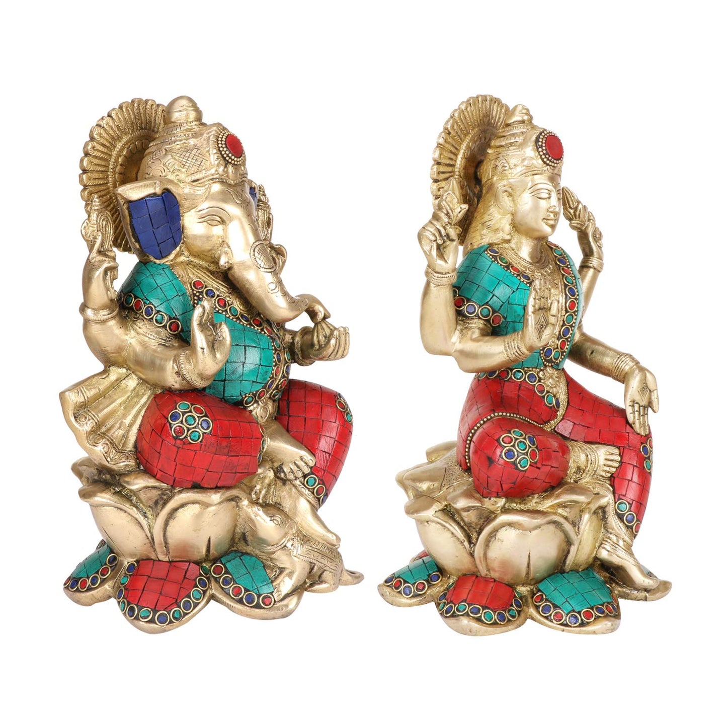 Brass Lakshmi Ganesha Sitting on Lotus Laxmi Ganesh Idol for Diwali Pooja Home Decor (Height 10 inch Multicolor) - SvarupArt