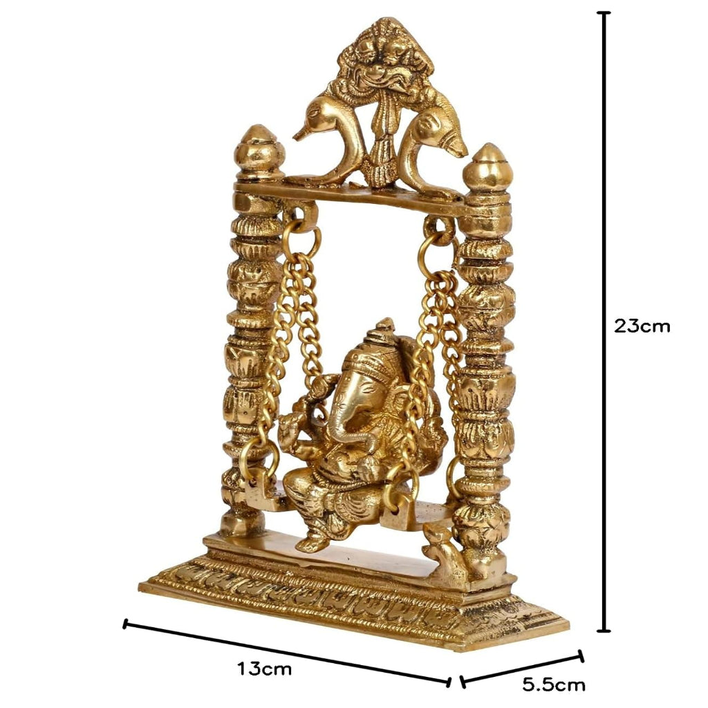 Brass Ganesha On Jhoola Swing Ganpati Showpiece Handcrafted Brass Ganesh Statue 9 Inch - SvarupArt