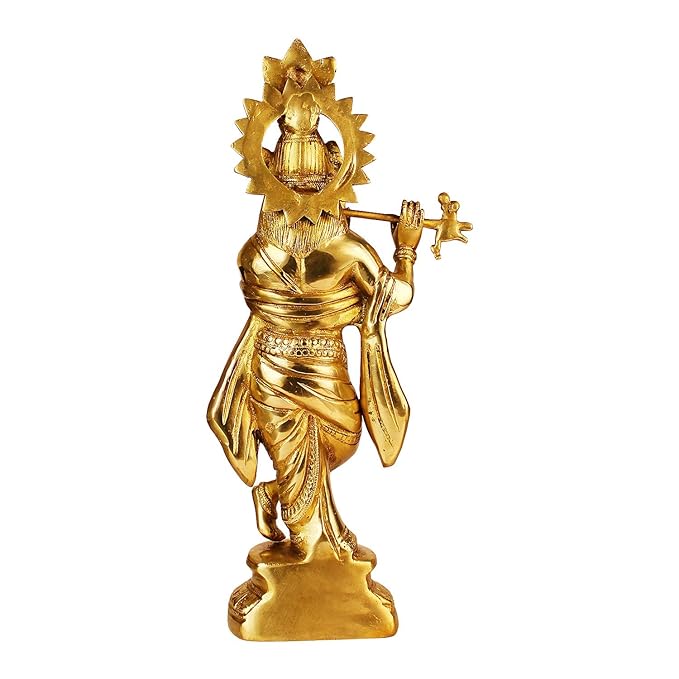 Brass Krishna Bhagwan Idol Murli Kishan Murti Playing Bansuri Gift for Home Mandir Decor Marriage Height 15 Inch - SvarupArt