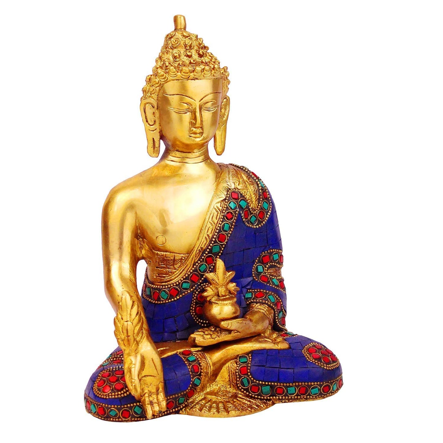 Brass Buddha Idol in Bhumisparsha Mudra Statue Tibetan Buddhist Décor Height 9 Inch Weight 2.7 Kg Multicolor - SvarupArt