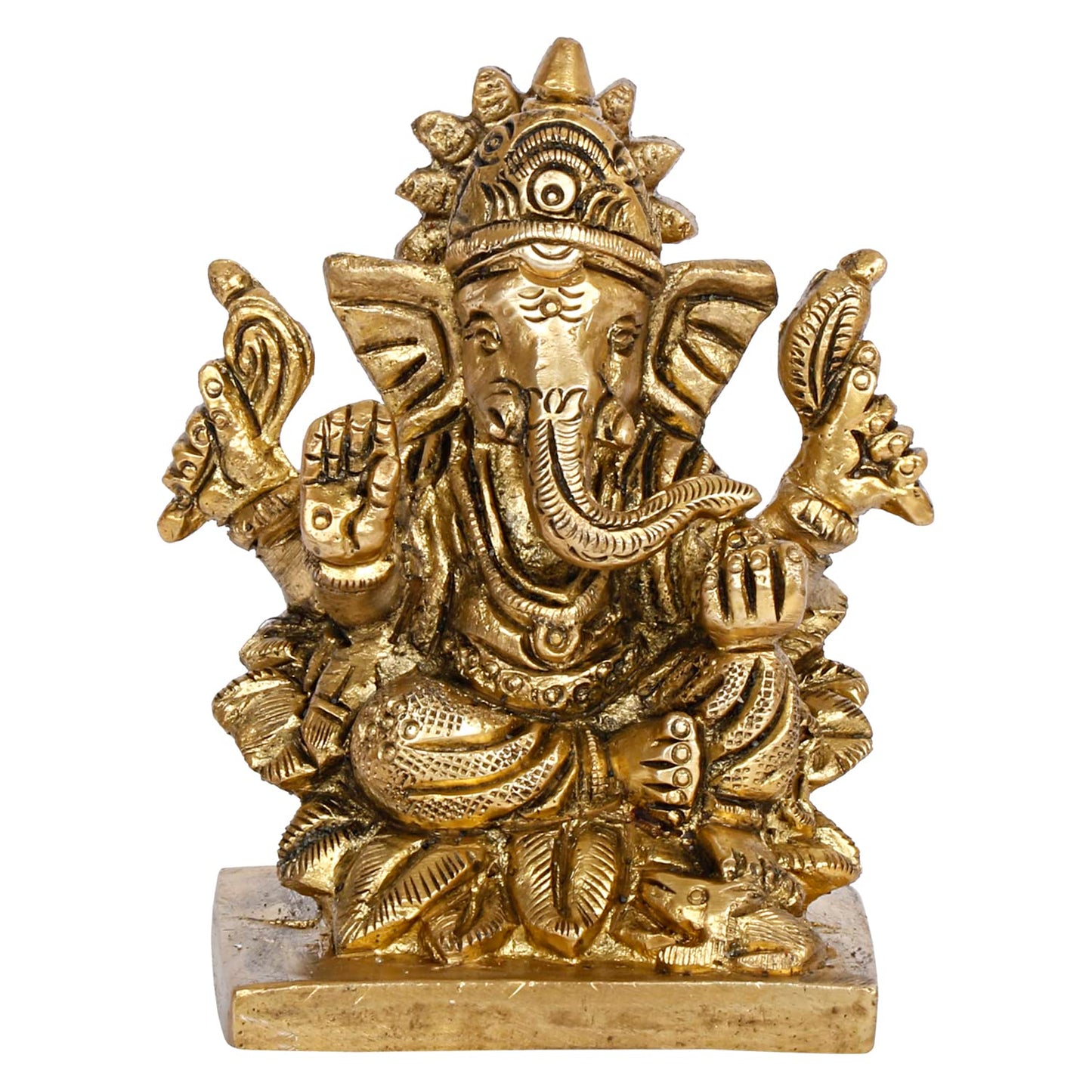 Brass Lord Ganesh Ganpati Sitting On Lotus Ganesha Idol for Puja Home Decor Gift Height 3 inch - SvarupArt