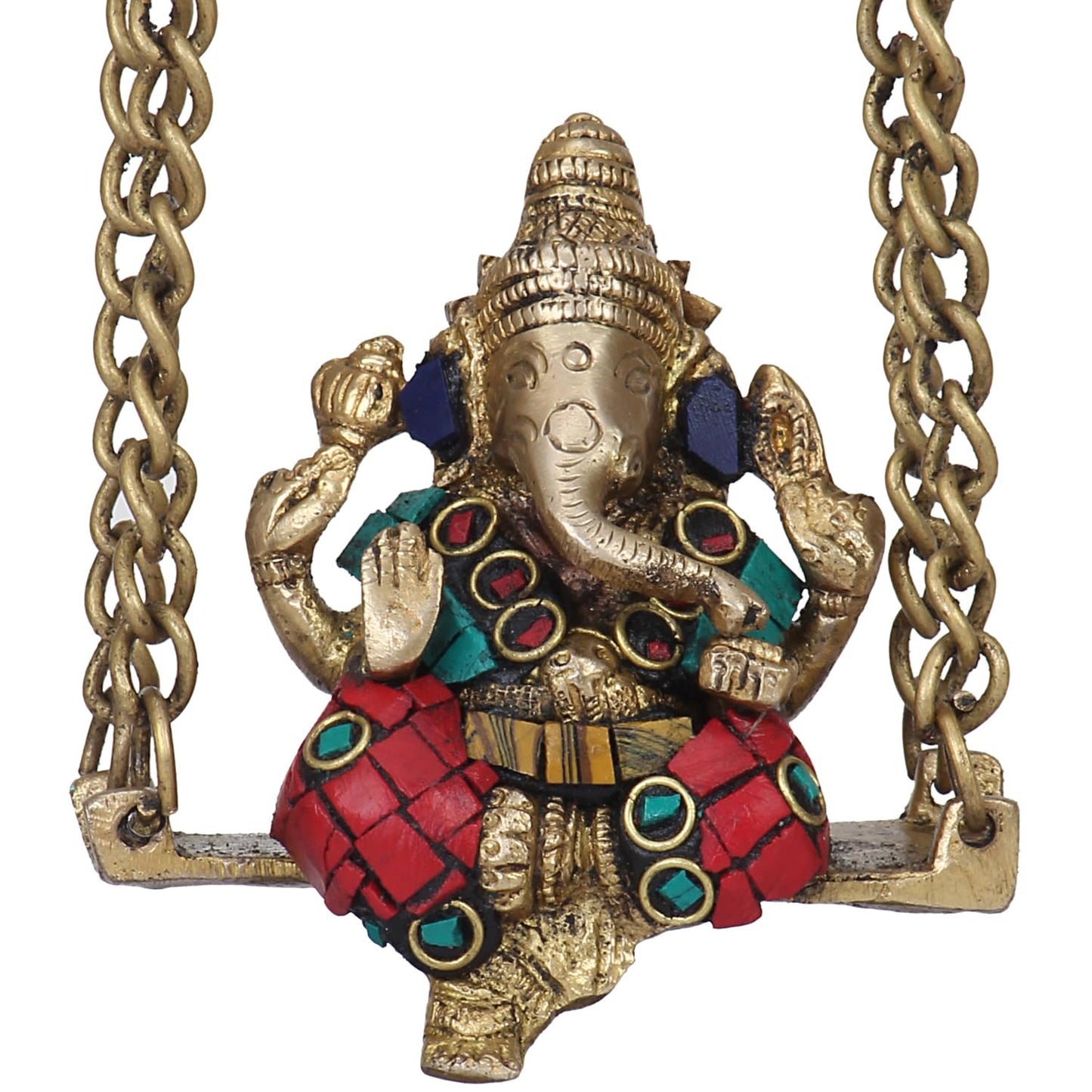 Brass Ganesha on Jhoola Ganesh Swing Decor Showpiece Handcrafted Statue 8 Inch, Multicolor - SvarupArt