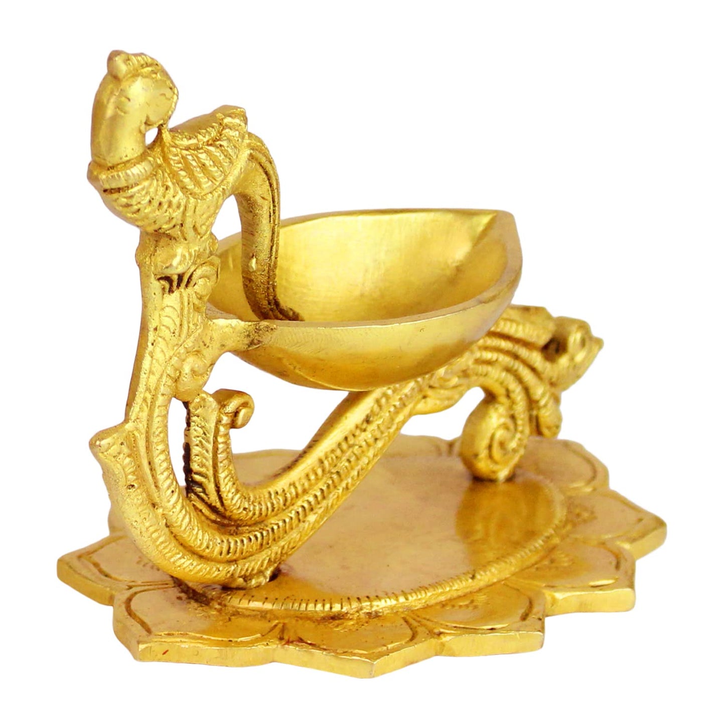 4 Inch Gold Color Brass Peacock Diya with Base: Small Size, Ideal for Home Temple Decor & Aarti - SvarupArt