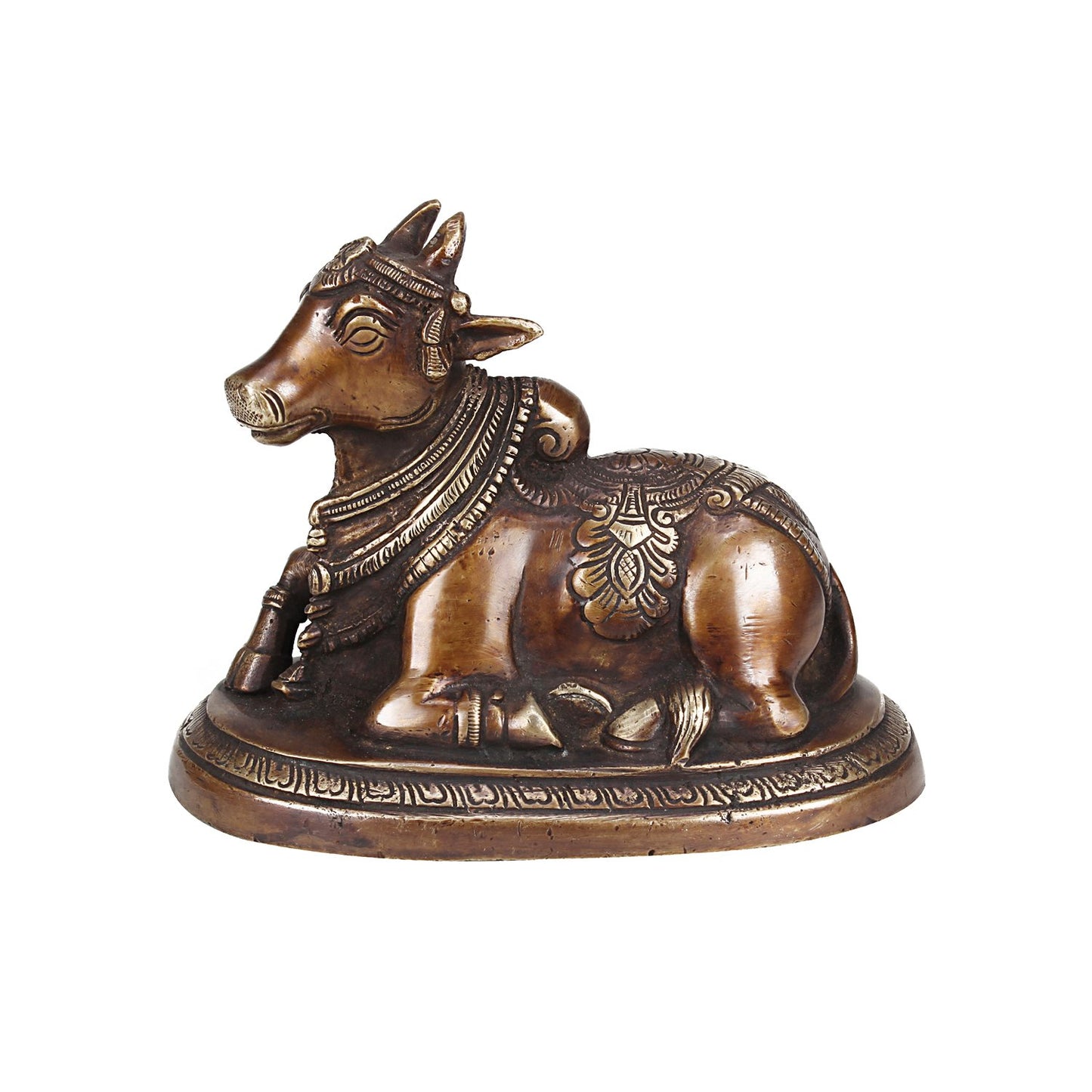 Brass Nandi Shiv Ji Parvati Vehicle Bull Statue Idol Shiva Devotee Puja and Decor 5.5 Inches Copper Gold Color 1 Pcs - SvarupArt