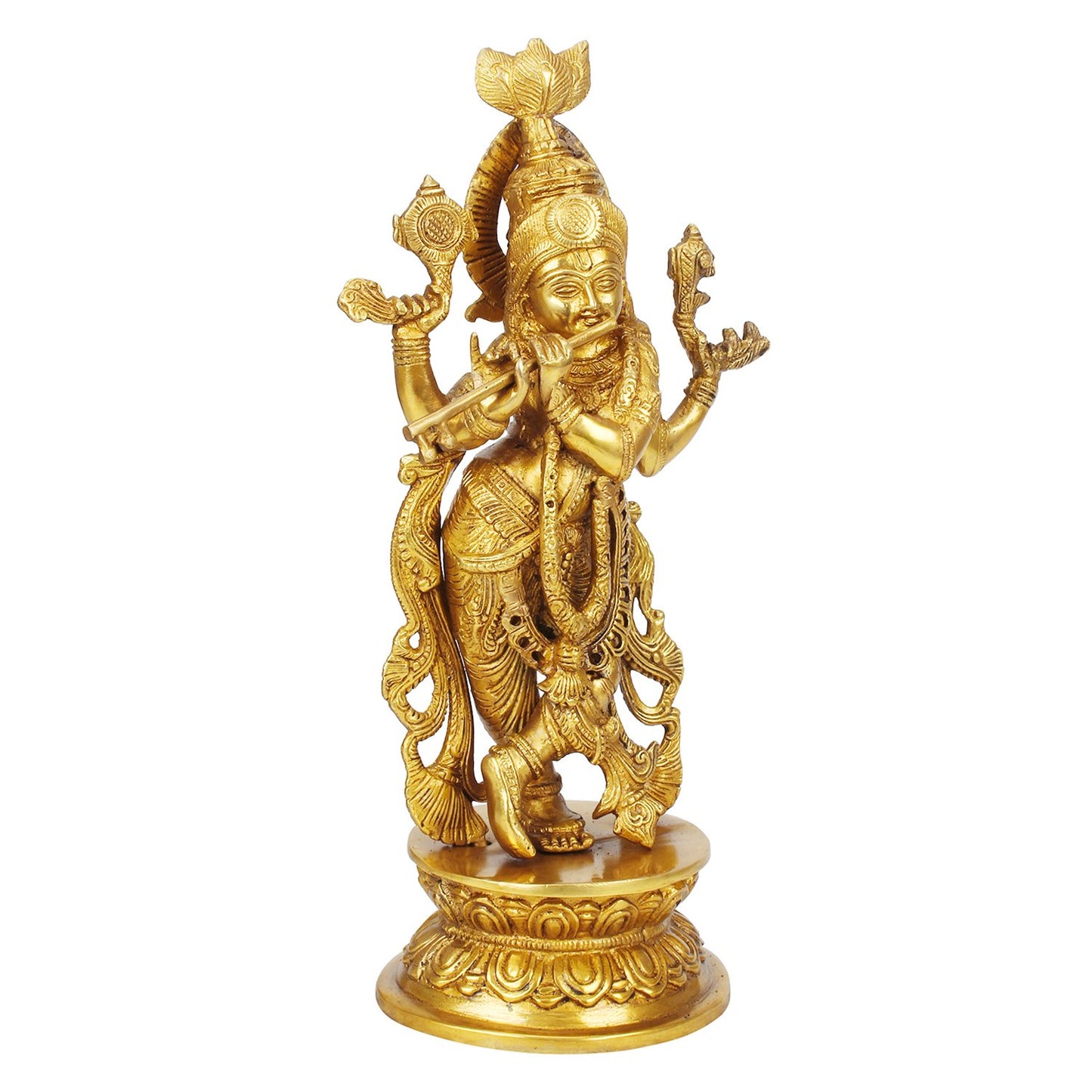 Brass Lord Krishna Statue Krishan Playing Flute Home Decor for Living Room Pooja Gift Item Gold Color Height 12 Inch - SvarupArt