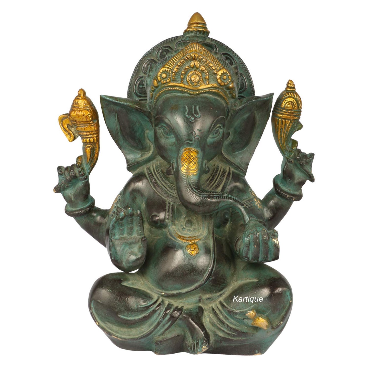 Brass Ganesha Idol for Home Decoration Ganpati Statue Murti for Gift Height 8 Inch Weight 3 Kg Color Green - SvarupArt