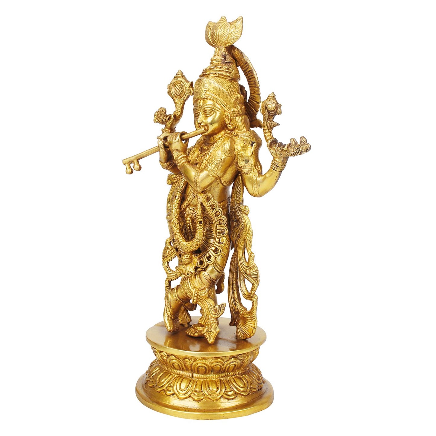 Brass Lord Krishna Statue Krishan Playing Flute Home Decor for Living Room Pooja Gift Item Gold Color Height 12 Inch - SvarupArt