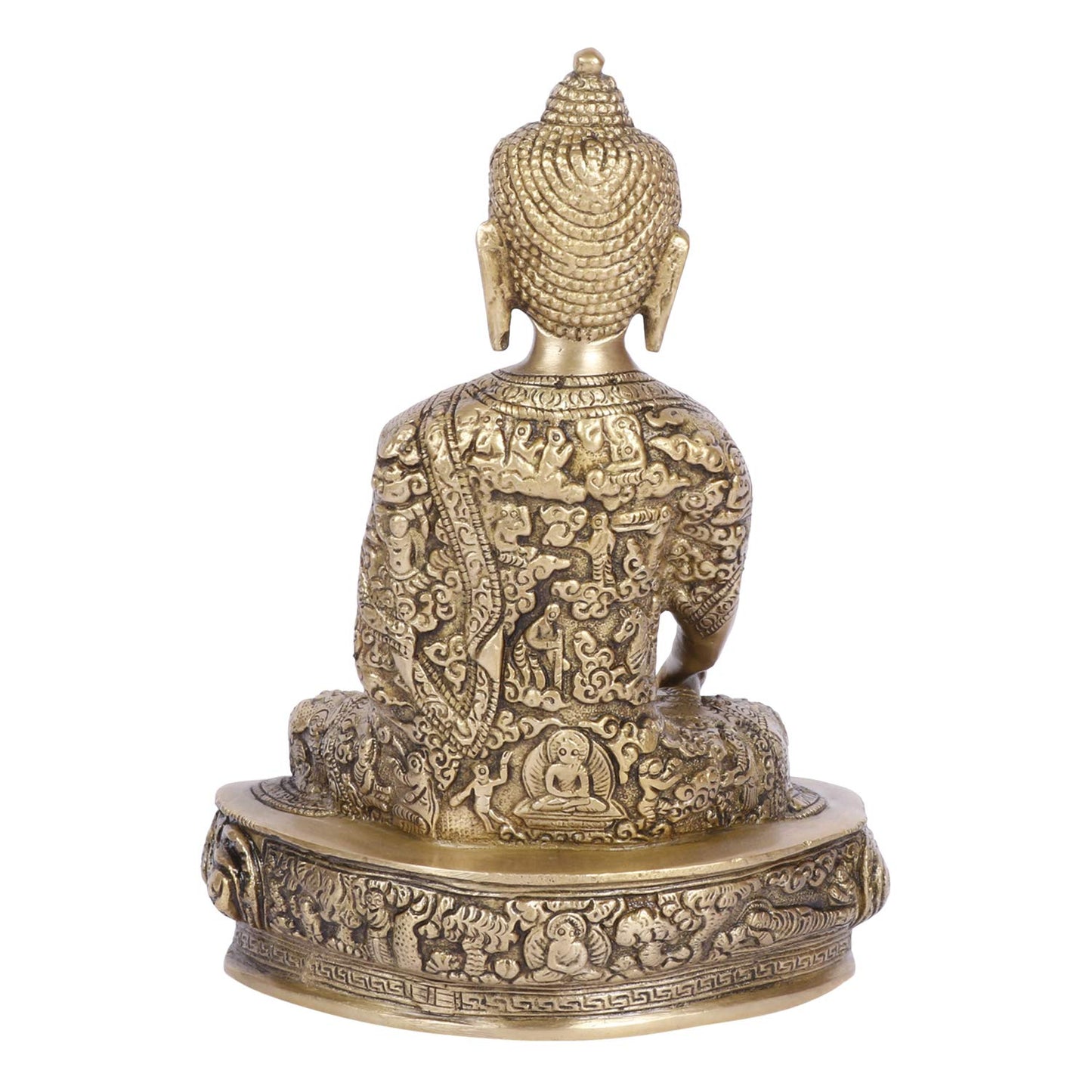 Brass Buddha Idol in Bhumisparsha Mudra Statue Tibetan Buddhist Décor Height 9.5 Inch Weight 2.7 Kg Color Antique Gold - SvarupArt
