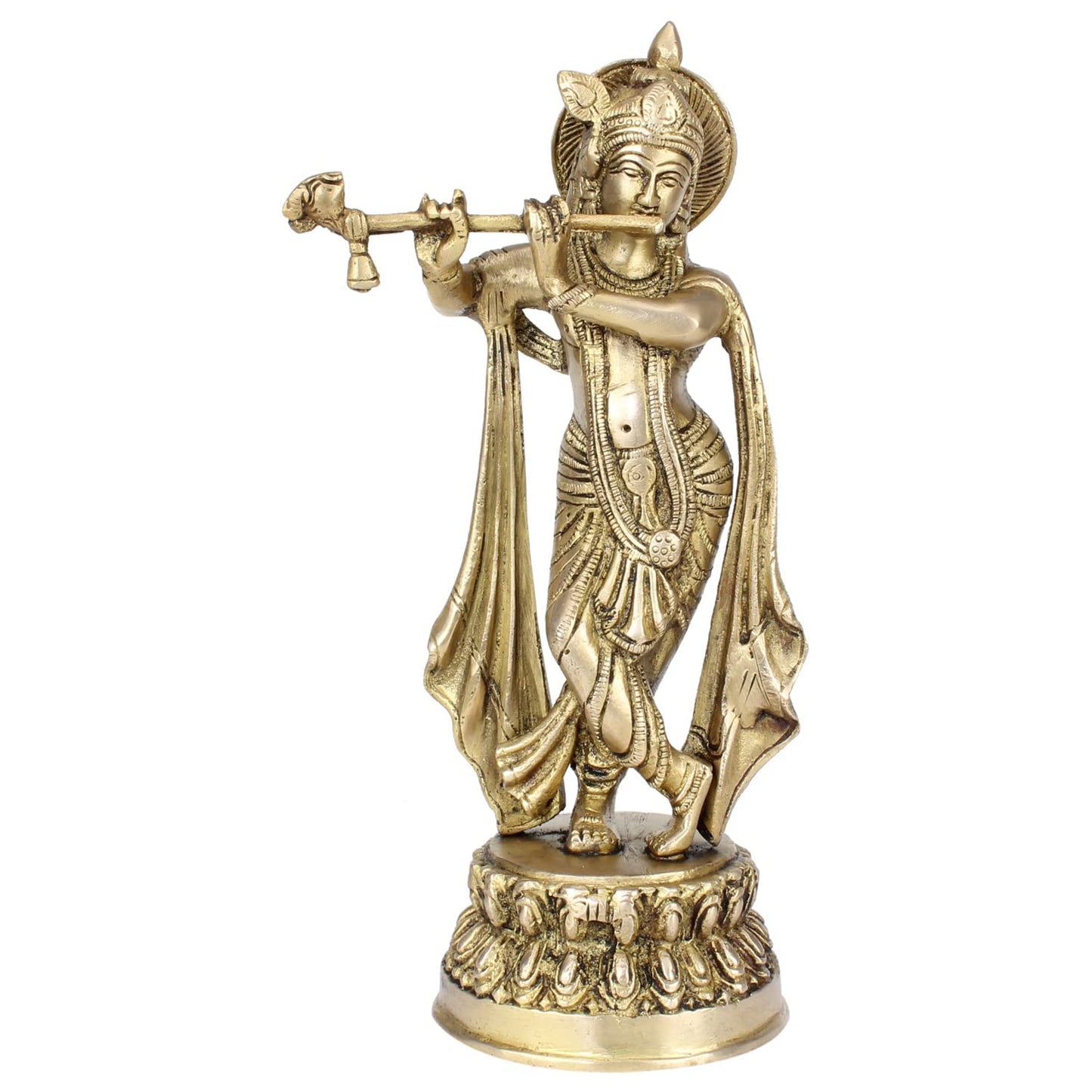 Brass Metal Lord Krishna Idol God of Love Playing Flute For Temple Puja Home Decor Gift 10 Inch - SvarupArt