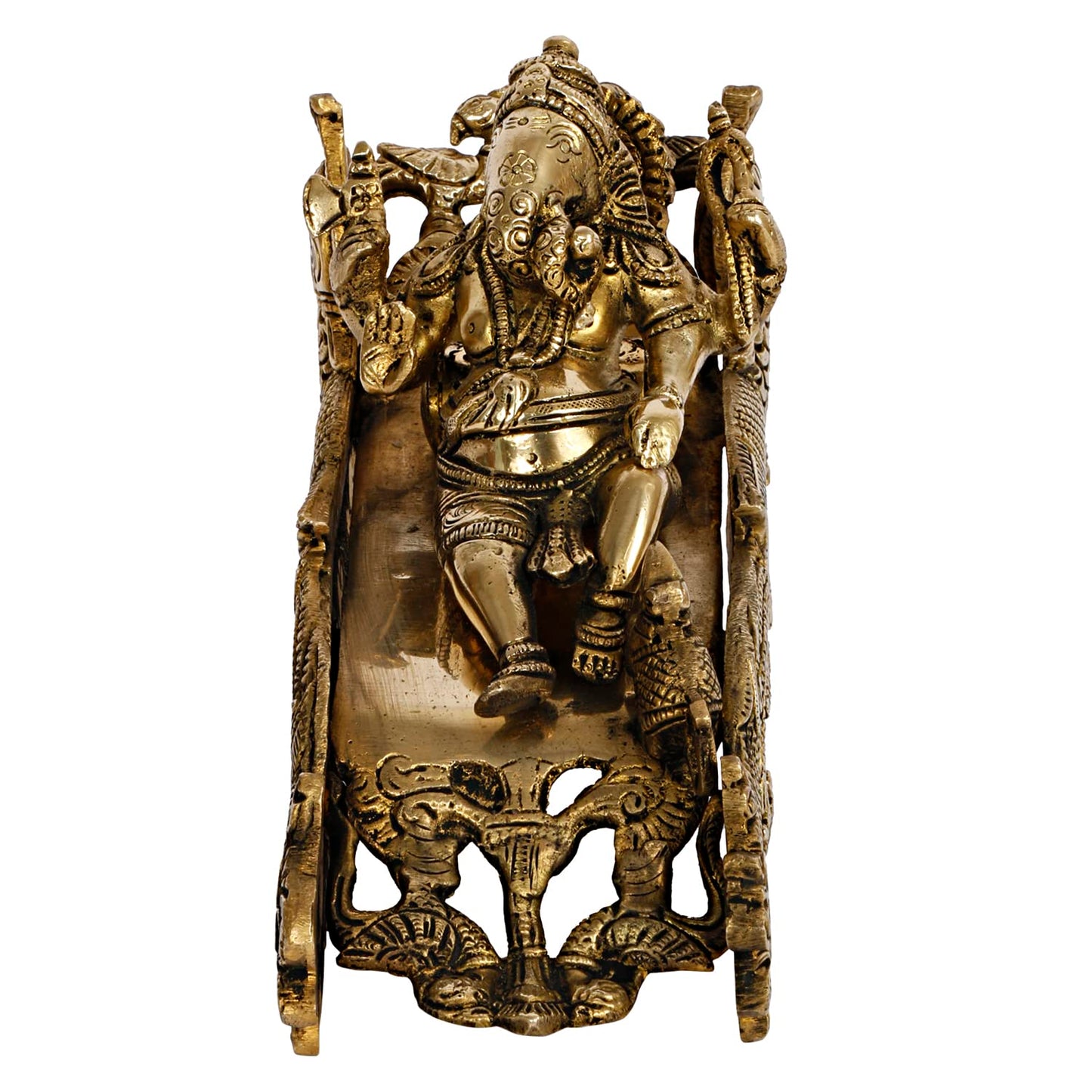 Brass Ganesha Ganesh Bhagwan Idol Resting on Designer Peacock Couch Ganapati Ganpati Murti for Home Decor - SvarupArt