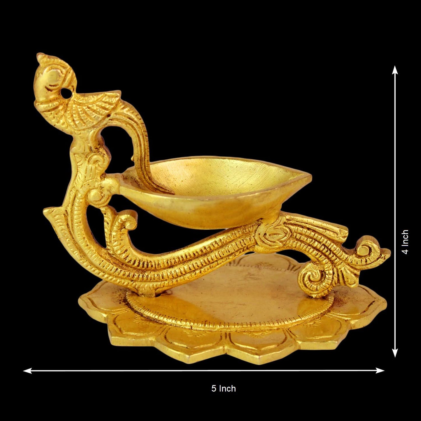 4 Inch Gold Color Brass Peacock Diya with Base: Small Size, Ideal for Home Temple Decor & Aarti - SvarupArt