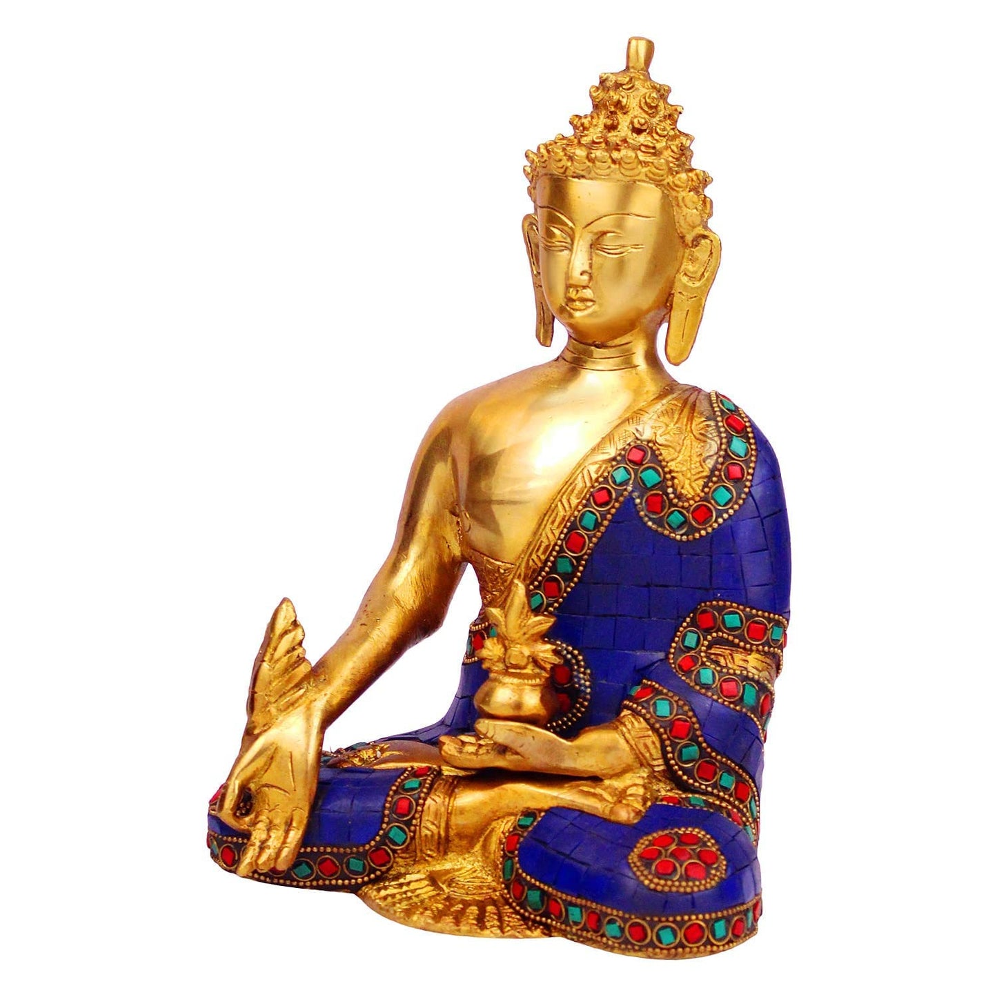Brass Buddha Idol in Bhumisparsha Mudra Statue Tibetan Buddhist Décor Height 9 Inch Weight 2.7 Kg Multicolor - SvarupArt