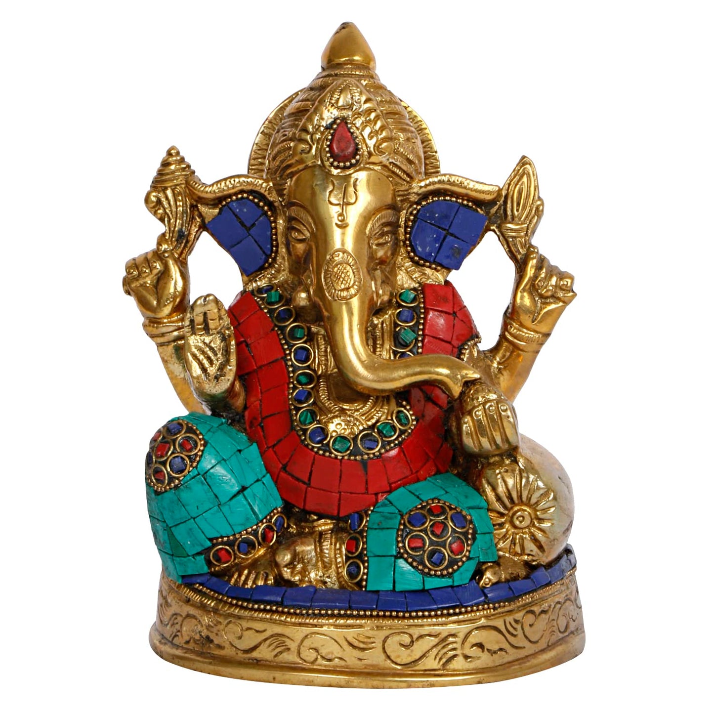 Brass Ganesh Sitting Ganesha Idol In Multicolor for Puja Home Decor Height 6.5 Inch - SvarupArt