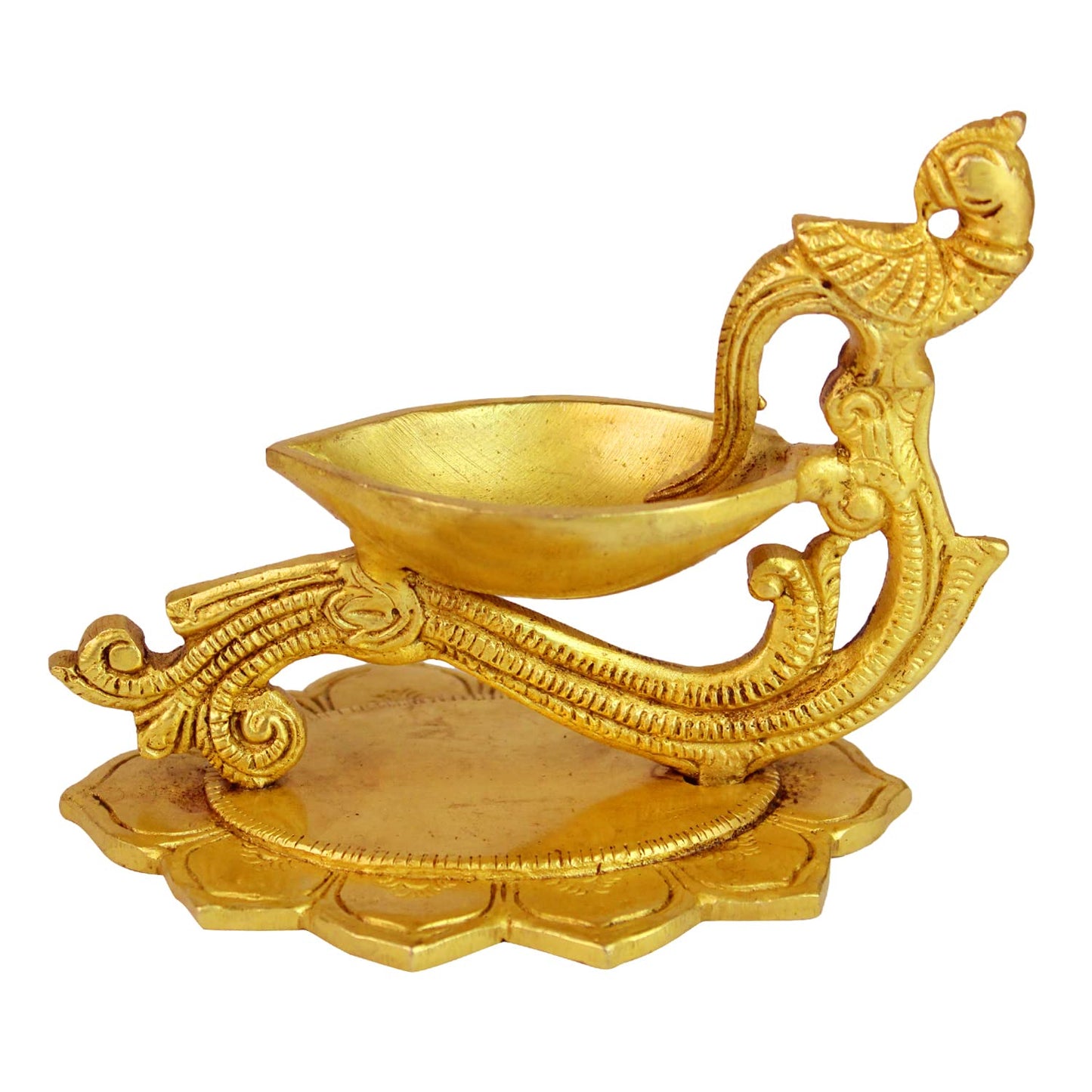4 Inch Gold Color Brass Peacock Diya with Base: Small Size, Ideal for Home Temple Decor & Aarti - SvarupArt