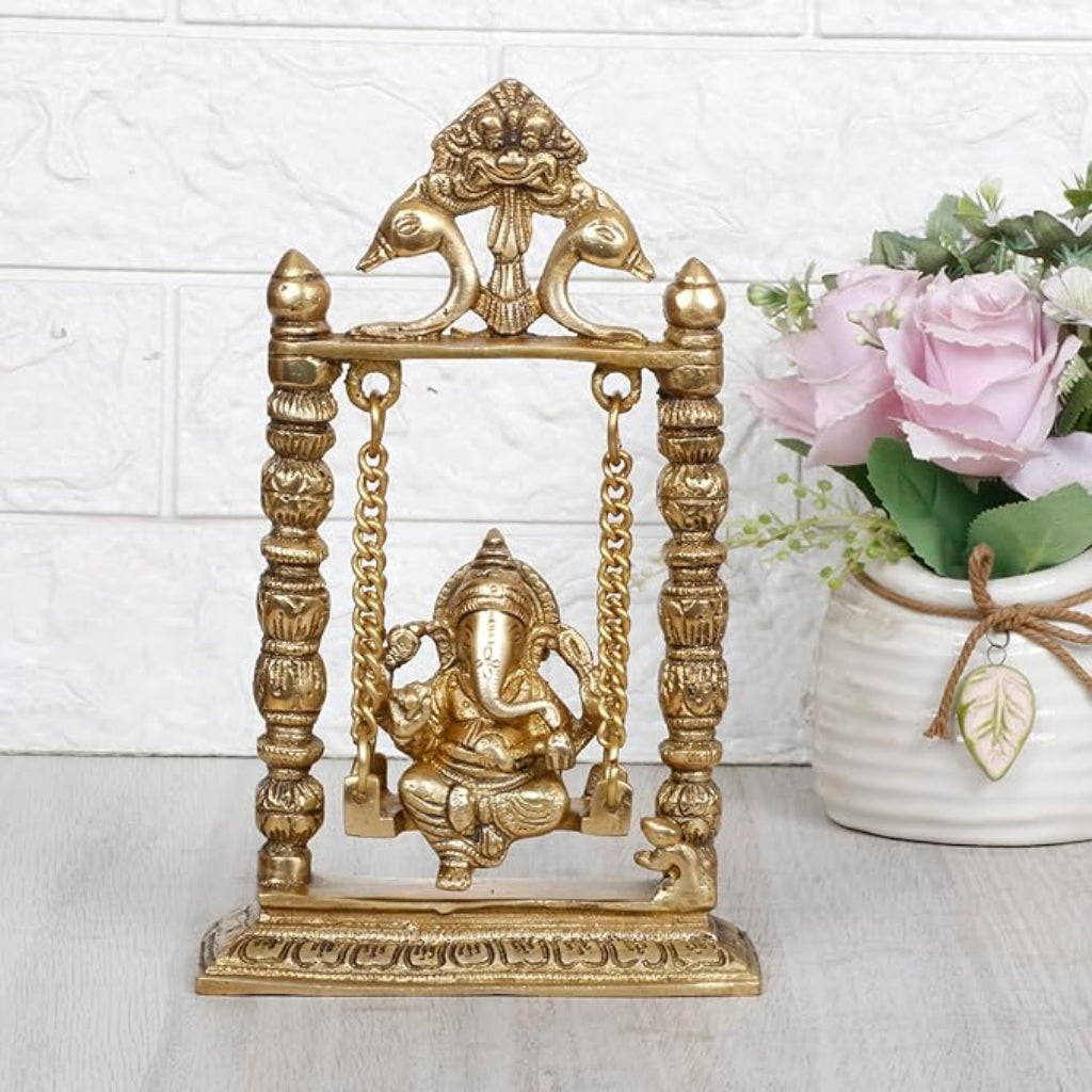 Brass Ganesha On Jhoola Swing Ganpati Showpiece Handcrafted Brass Ganesh Statue 9 Inch - SvarupArt