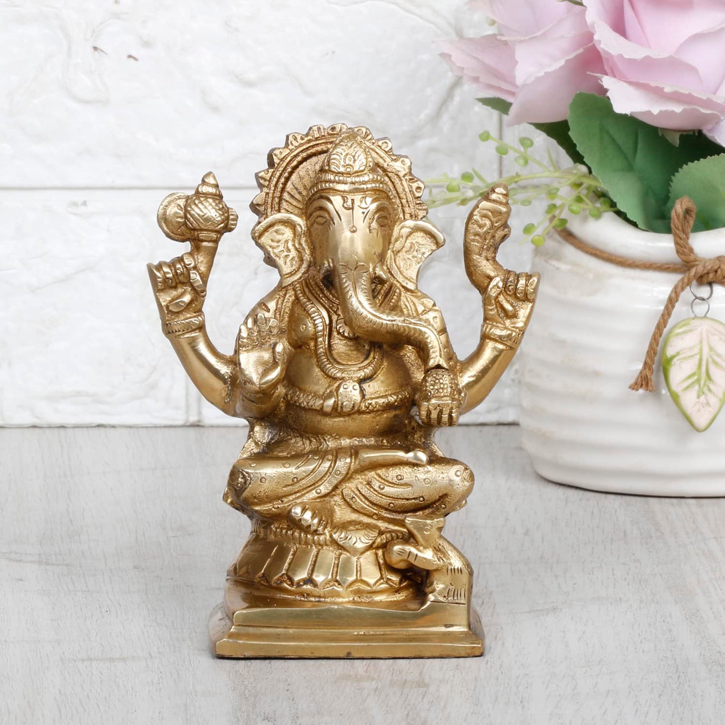 Brass Ganesh Bhagwan Idol Sitting Ganesha Statue Ganpati Puja Murti for Home Entrance Decor Diwali Gift 5 Inch - SvarupArt