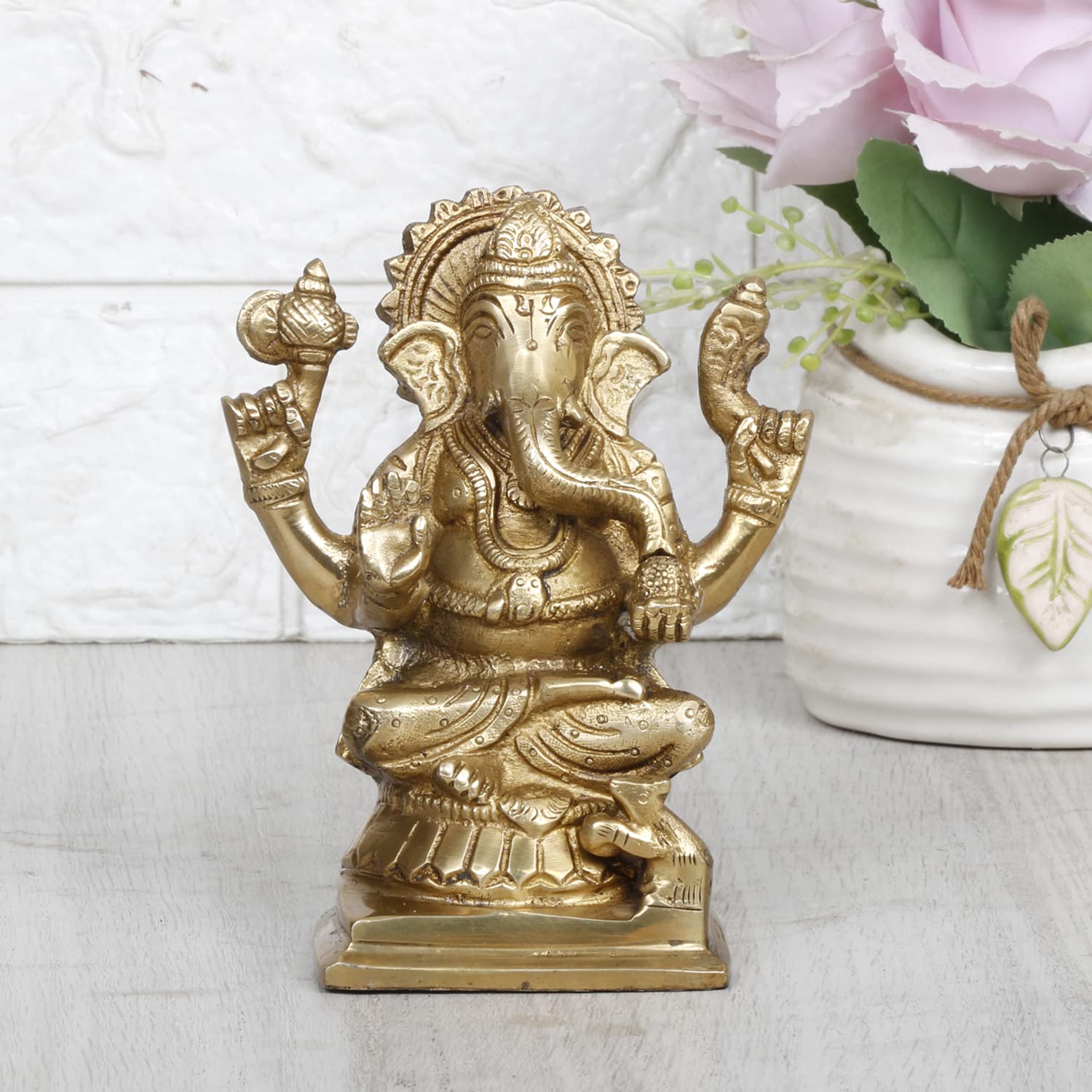 Brass Ganesh Bhagwan Idol Sitting Ganesha Statue Ganpati Puja Murti for Home Entrance Decor Diwali Gift 5 Inch - SvarupArt