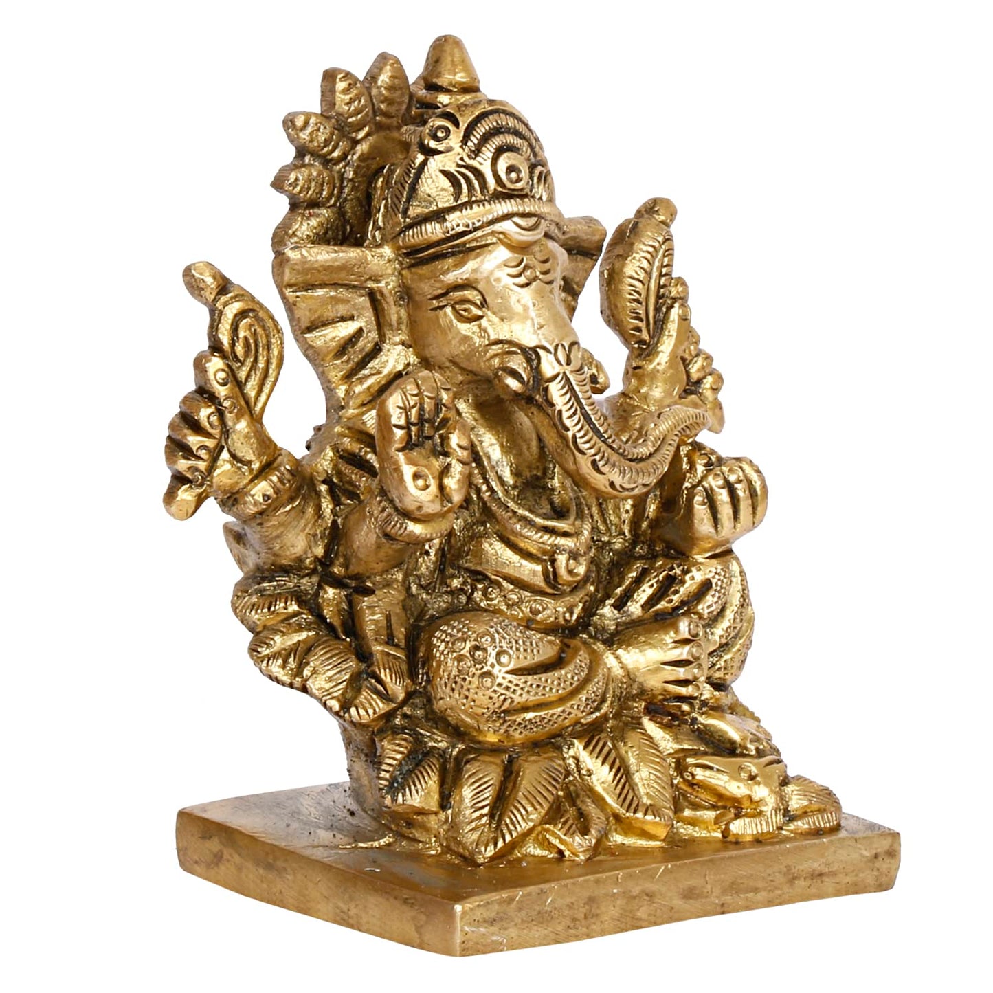 Brass Lord Ganesh Ganpati Sitting On Lotus Ganesha Idol for Puja Home Decor Gift Height 3 inch - SvarupArt