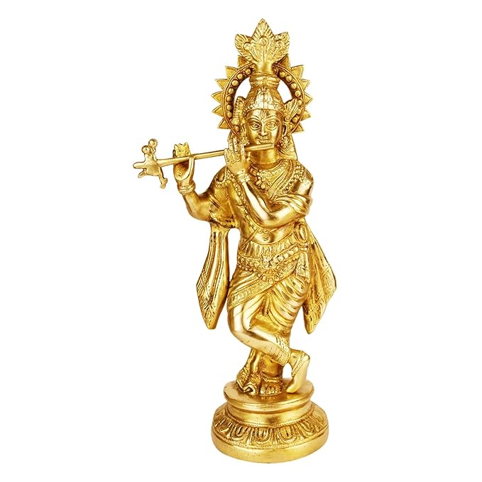 Brass Krishna Bhagwan Idol Murli Kishan Murti Playing Bansuri Gift for Home Mandir Decor Marriage Height 15 Inch - SvarupArt
