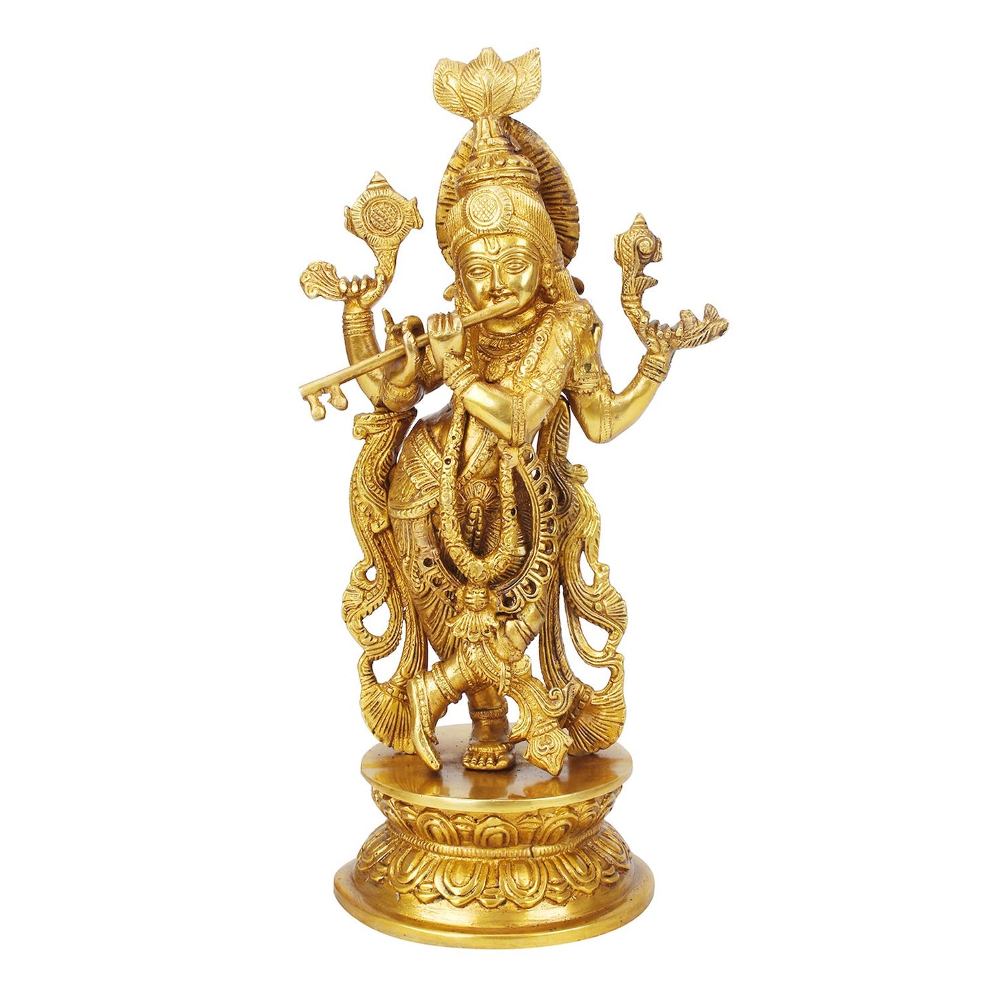 Brass Lord Krishna Statue Krishan Playing Flute Home Decor for Living Room Pooja Gift Item Gold Color Height 12 Inch - SvarupArt