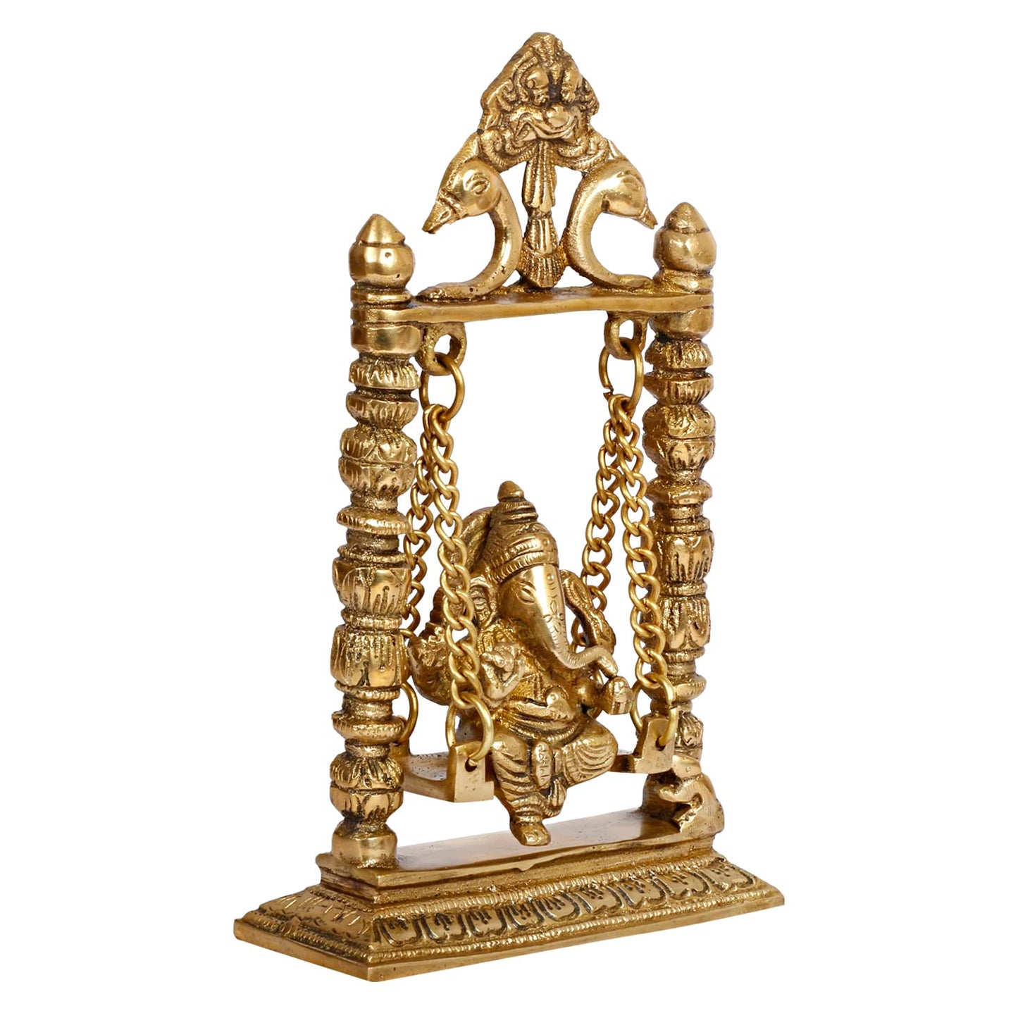 Brass Ganesha On Jhoola Swing Ganpati Showpiece Handcrafted Brass Ganesh Statue 9 Inch - SvarupArt