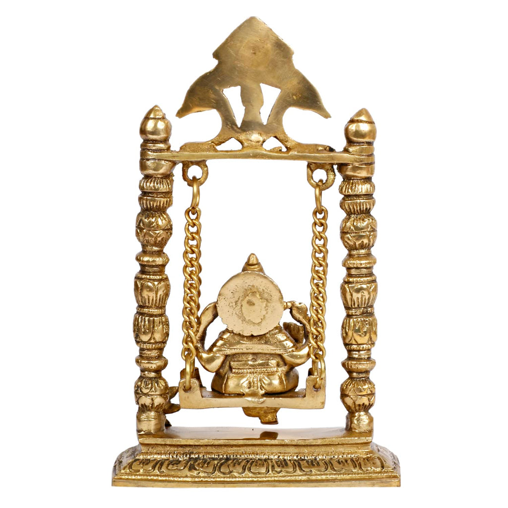 Brass Ganesha On Jhoola Swing Ganpati Showpiece Handcrafted Brass Ganesh Statue 9 Inch - SvarupArt