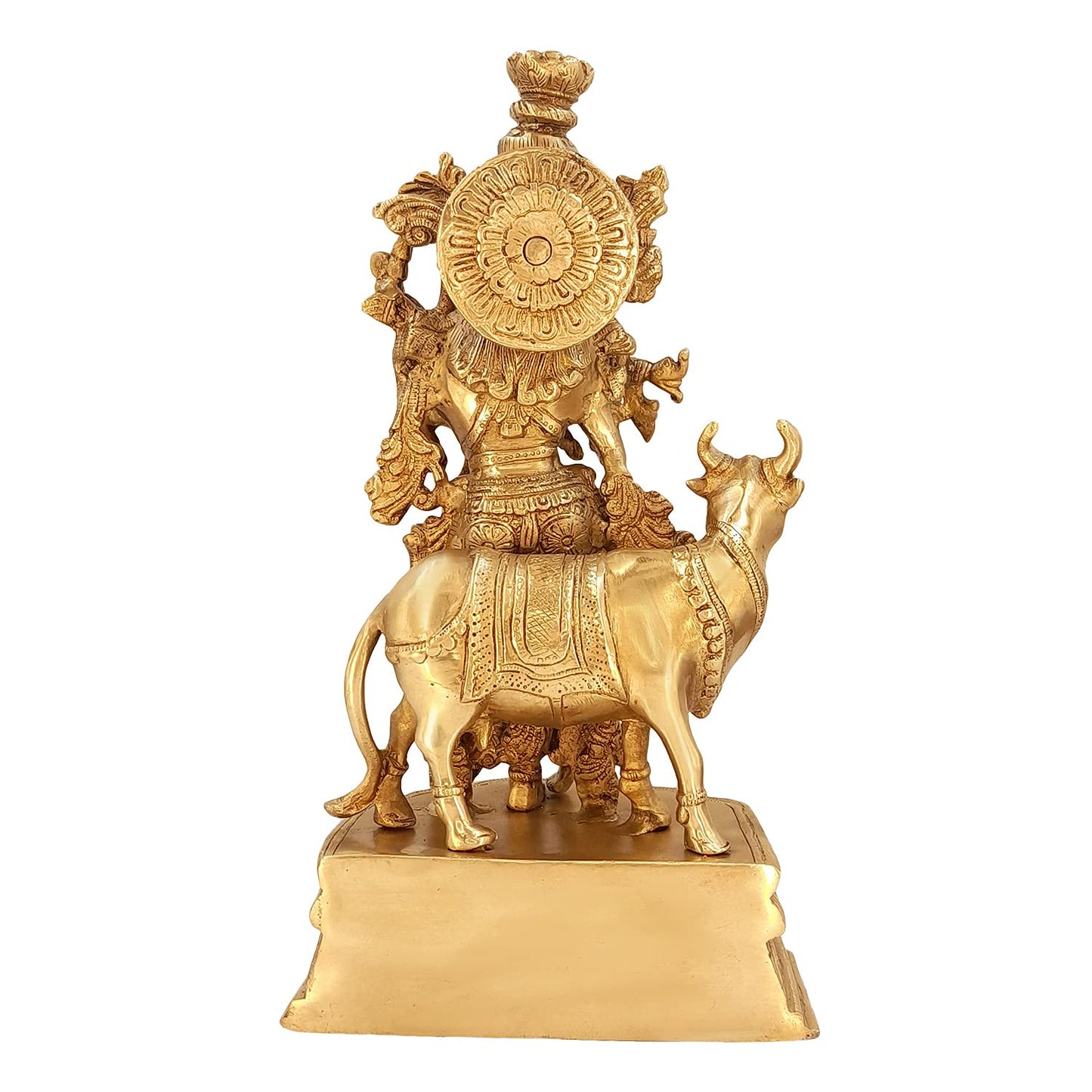 Brass Shri Krishna Idol with Cow Kishan Bhagwan Murti Lord Krishna Cow Statue with Flute Big Size Height 12 Inch - SvarupArt
