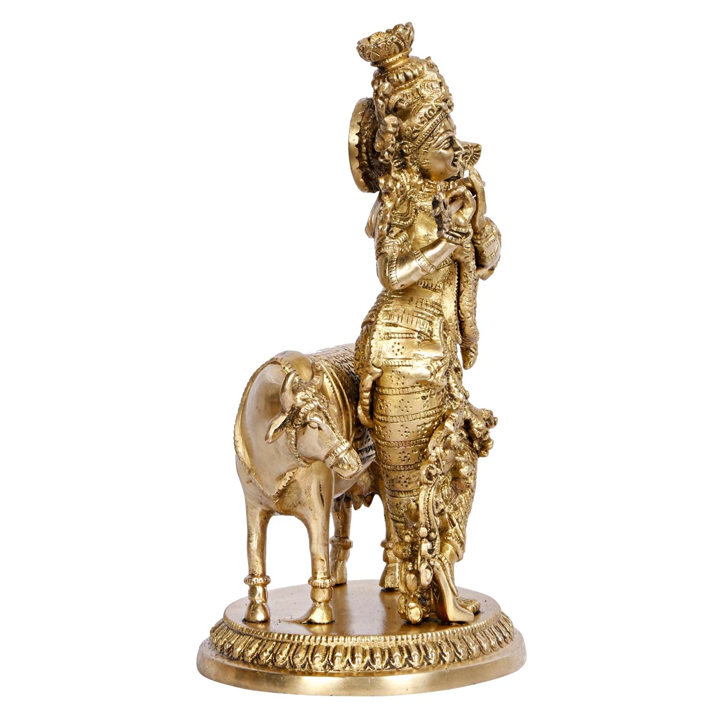 Brass Shri Krishna Idol with Cow Kishan Bhagwan Murti Lord Cow Krishna Statue for Living Room Decor Gold Color 10 Inch - SvarupArt
