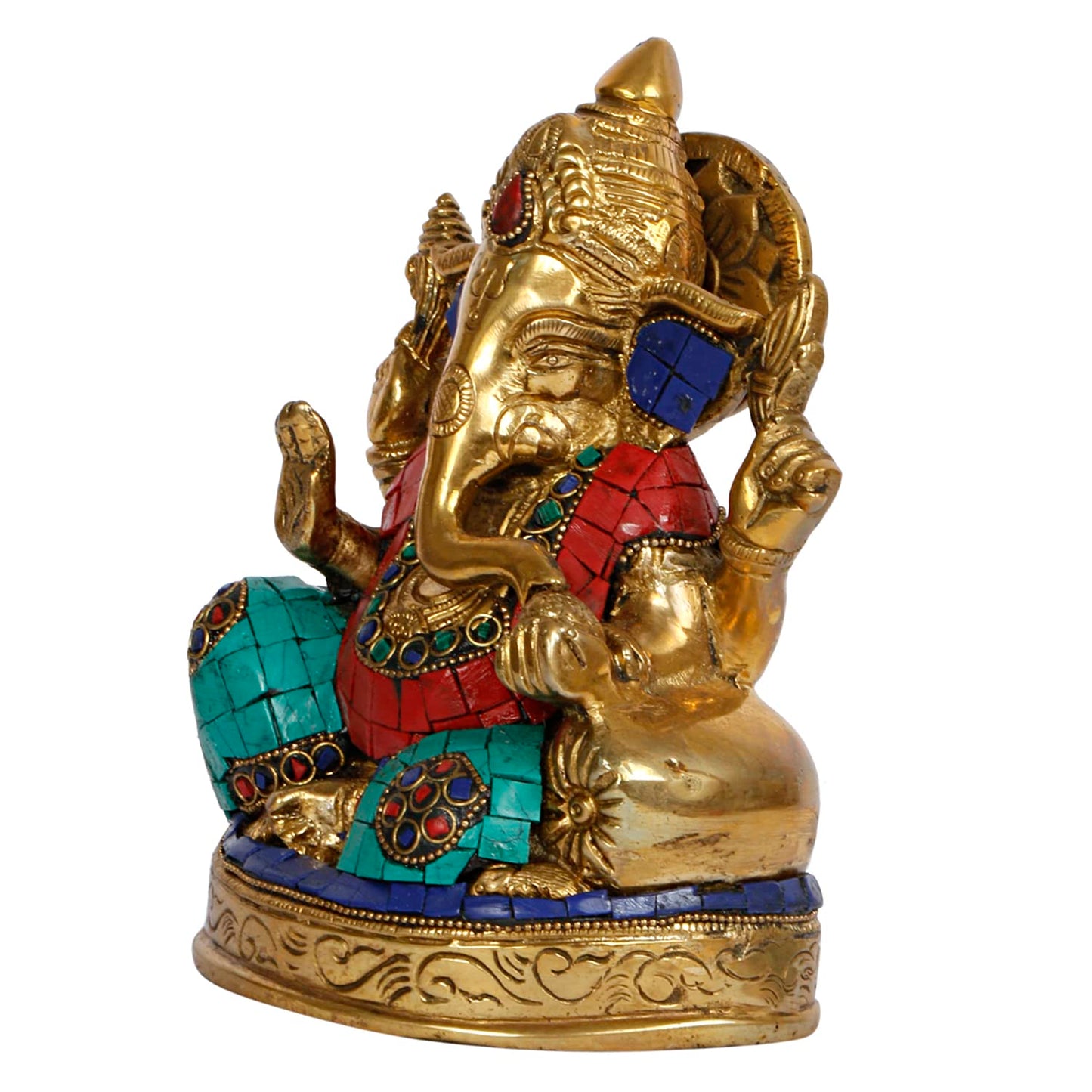 Brass Ganesh Sitting Ganesha Idol In Multicolor for Puja Home Decor Height 6.5 Inch - SvarupArt
