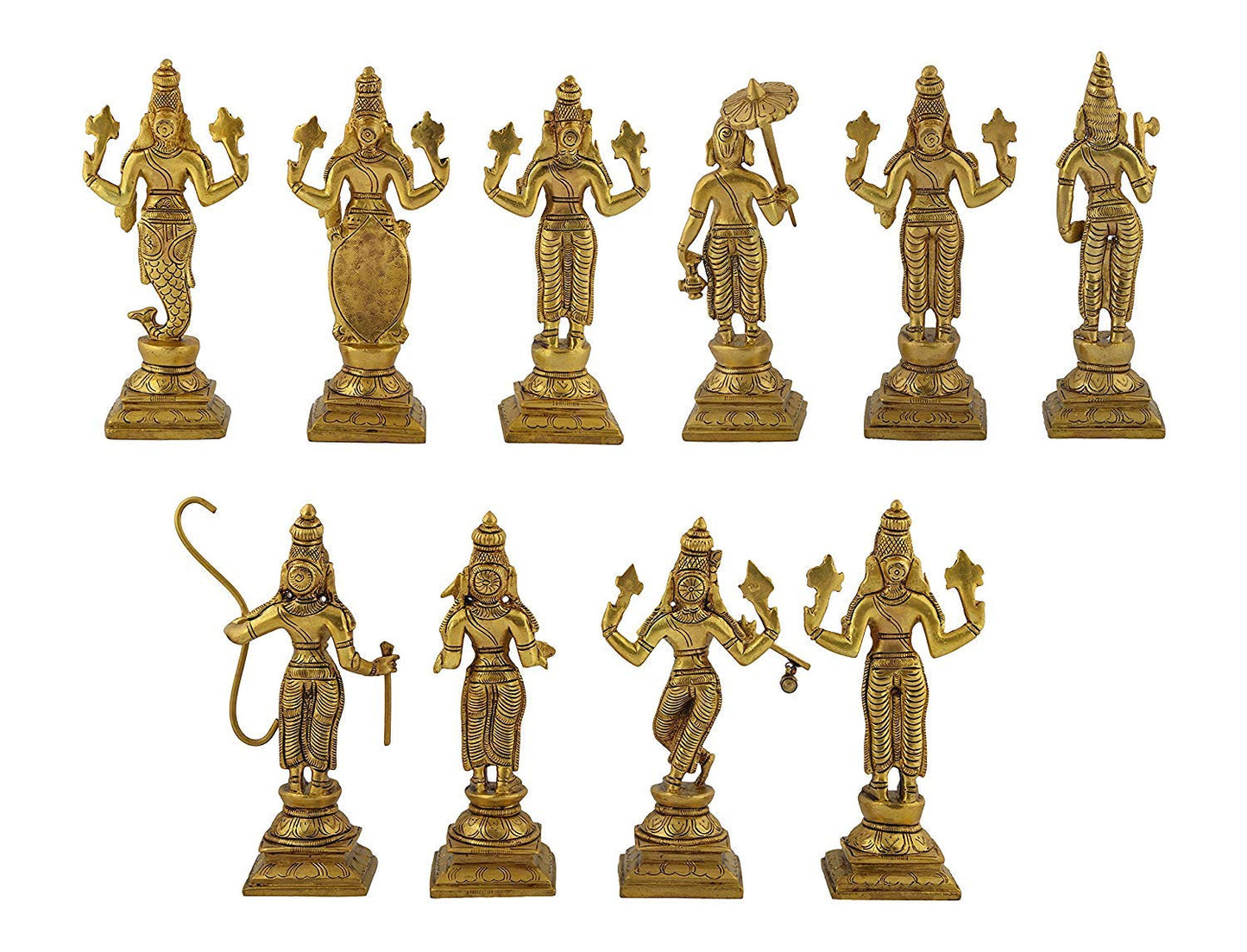 Brass Dashavatara Dasavatharam of Lord Vishnu Statues Ten Incarnations Avatars Idol Murti for Mandir Puja Temple - SvarupArt