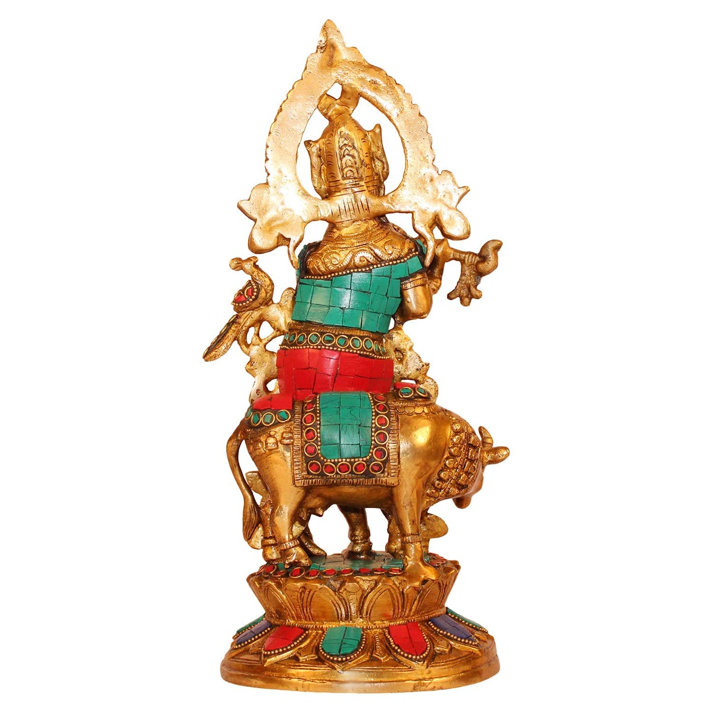 Brass Shri Krishna Idol with Cow Kishan Bhagwan Murti Lord Krishna Cow Statue with Flute Big Size Height 12 Inch - SvarupArt