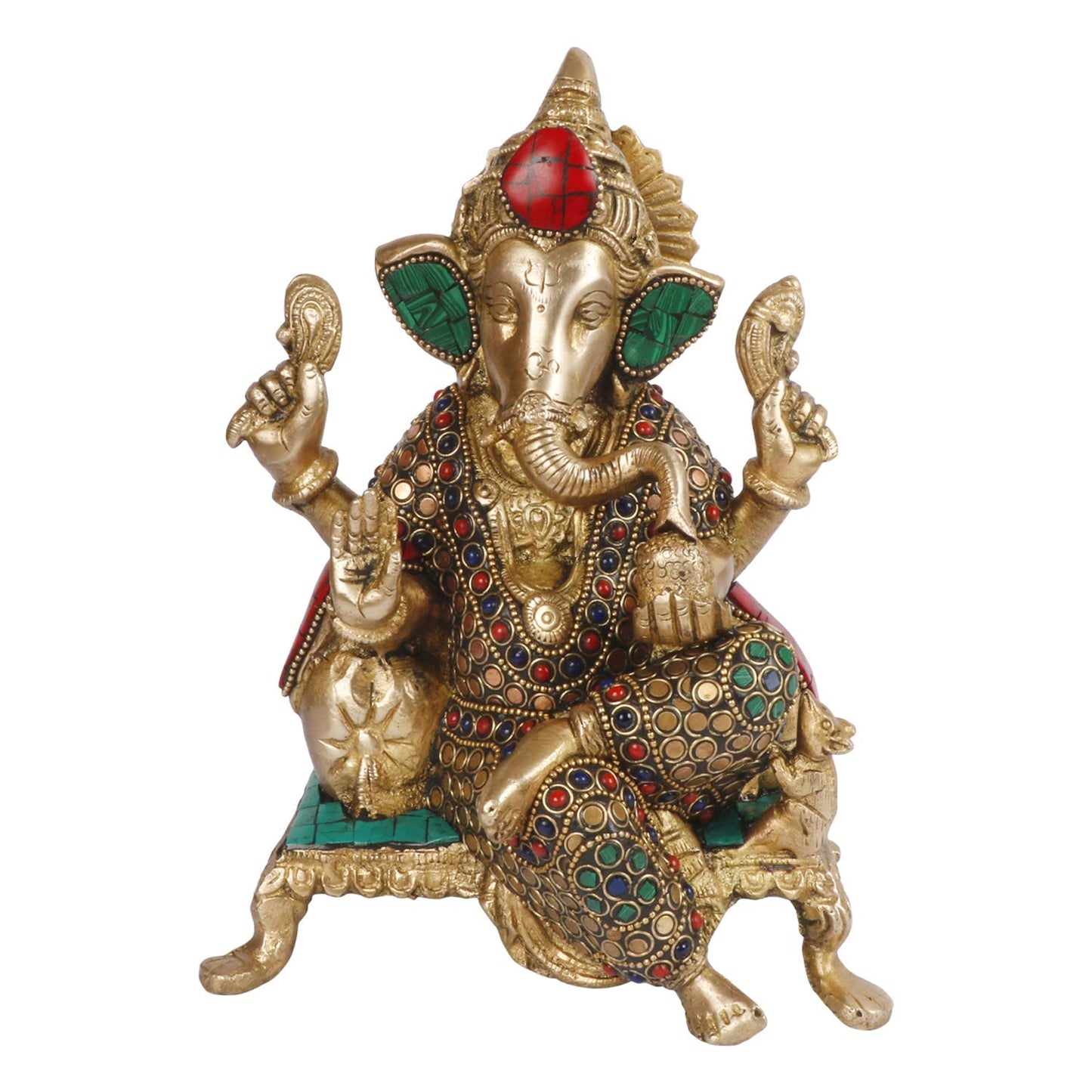Brass Ganesha Idol for Home Decoration Ganpati Statue Murti for Gift Height 8.5 Inch Weight 3 Kg Color Multicolor - SvarupArt