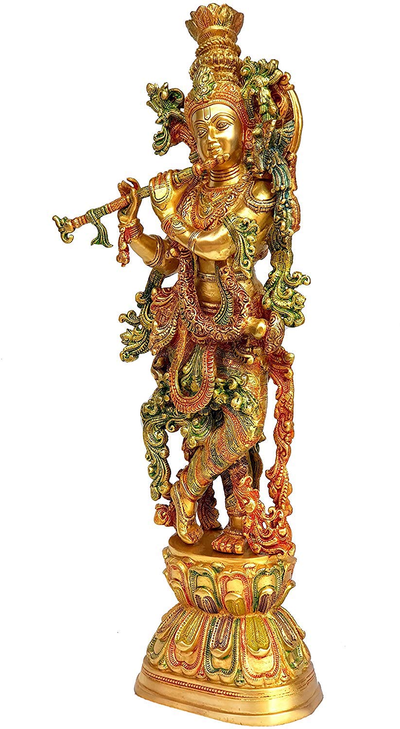 Big Brass Krishna Idol Krishan Murti in Multicolor Height 29 Inch - SvarupArt